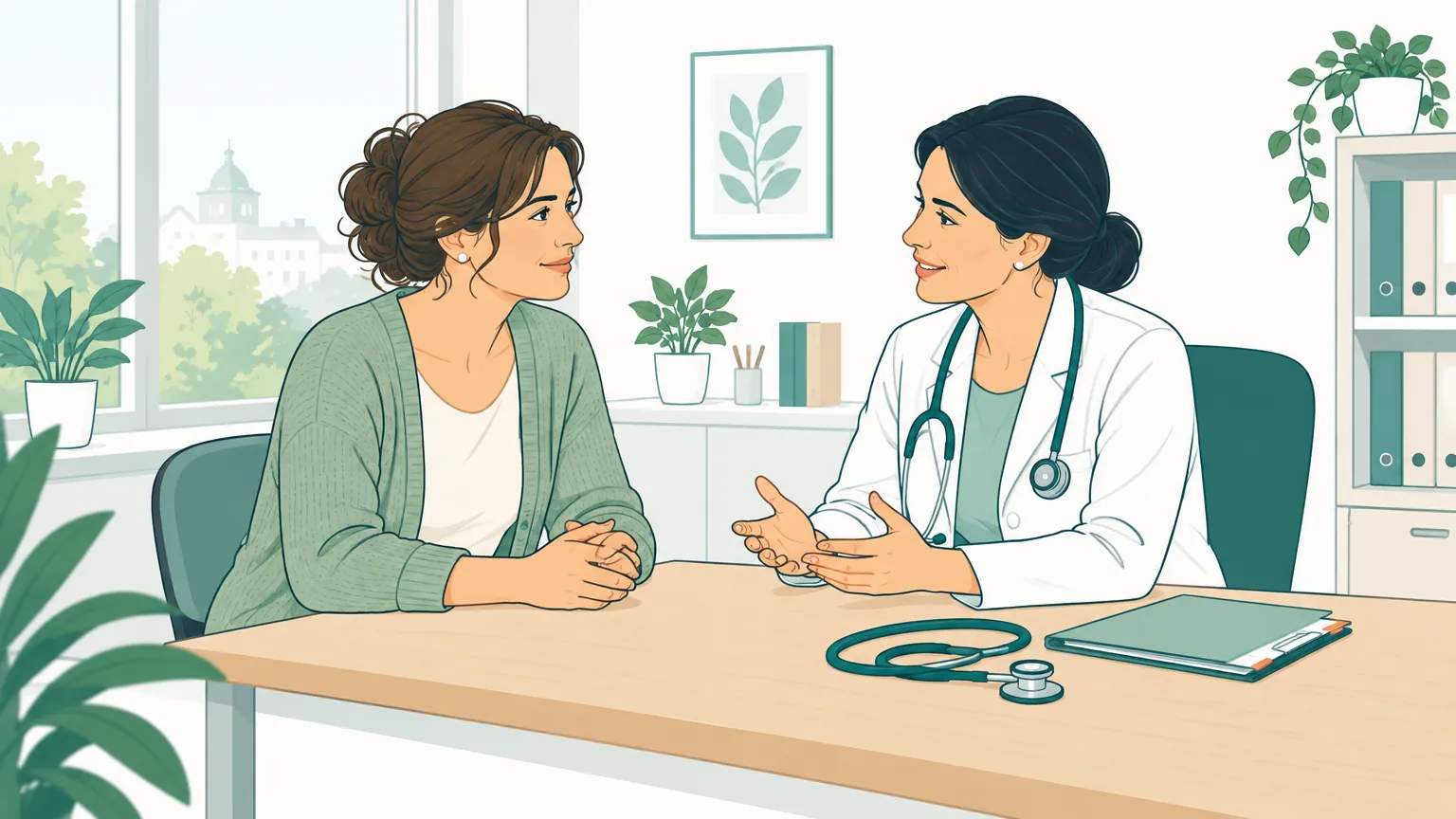 Ilustrație caldă în culori pastelate care înfățișează o femeie discutând liniștită cu medicul său de familie într-un cabinet medical luminos.