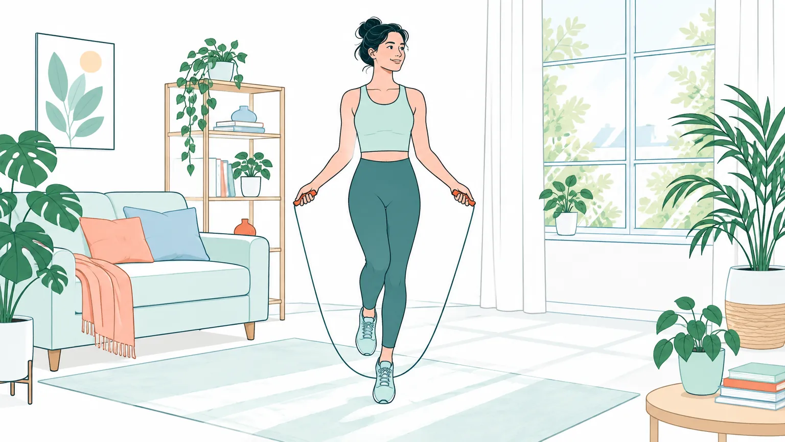 Ilustrație caldă și luminoasă cu o persoană obișnuită care face exerciții cardio ușoare într-o cameră primitoare de acasă.