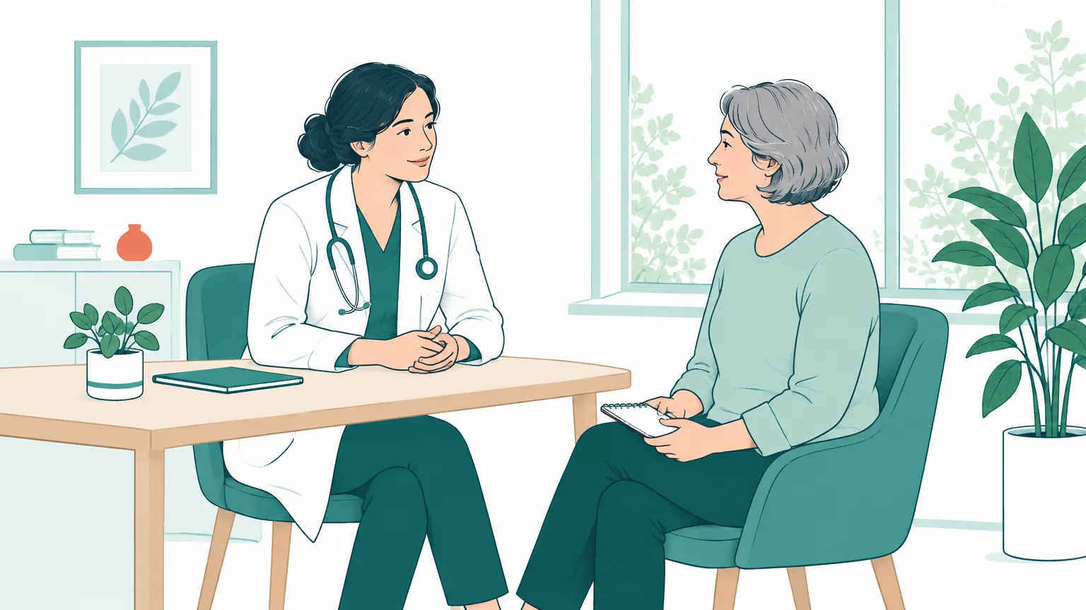 Ilustrație caldă reprezentând o consultație medicală prietenoasă între un medic reumatolog empatic și un pacient într-un cabinet luminos.