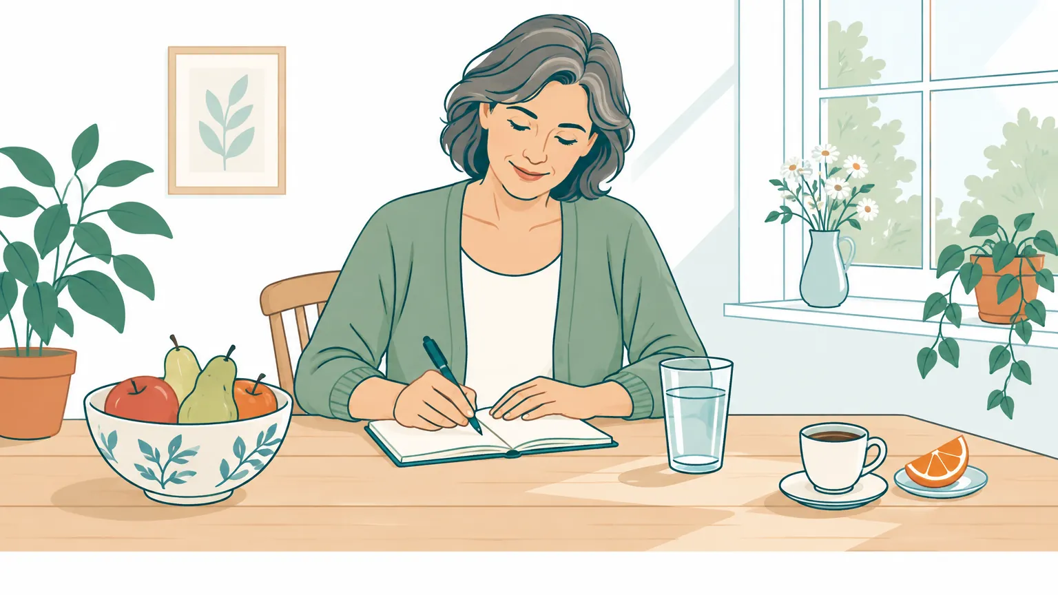 Ilustrație în tonuri calde cu o femeie care își notează obiceiurile într-un jurnal alimentar la masa din bucătărie, alături de un pahar cu apă și fructe proaspete.