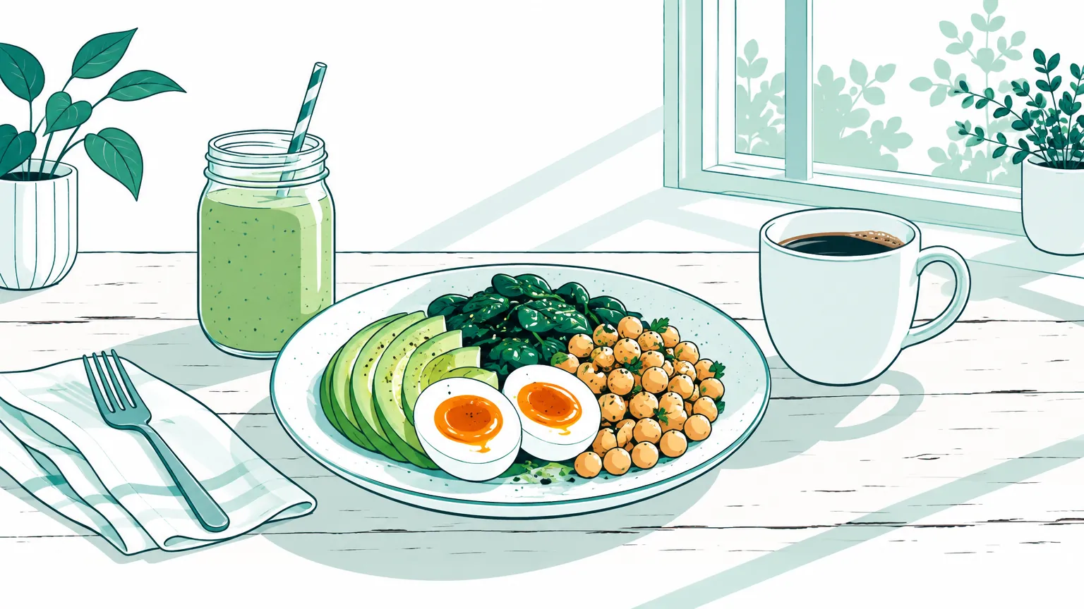 O ilustrație luminoasă și primitoare cu un mic dejun sănătos și bogat în proteine, format din ouă fierte, avocado, năut și spanac proaspăt pe o masă din lemn.
