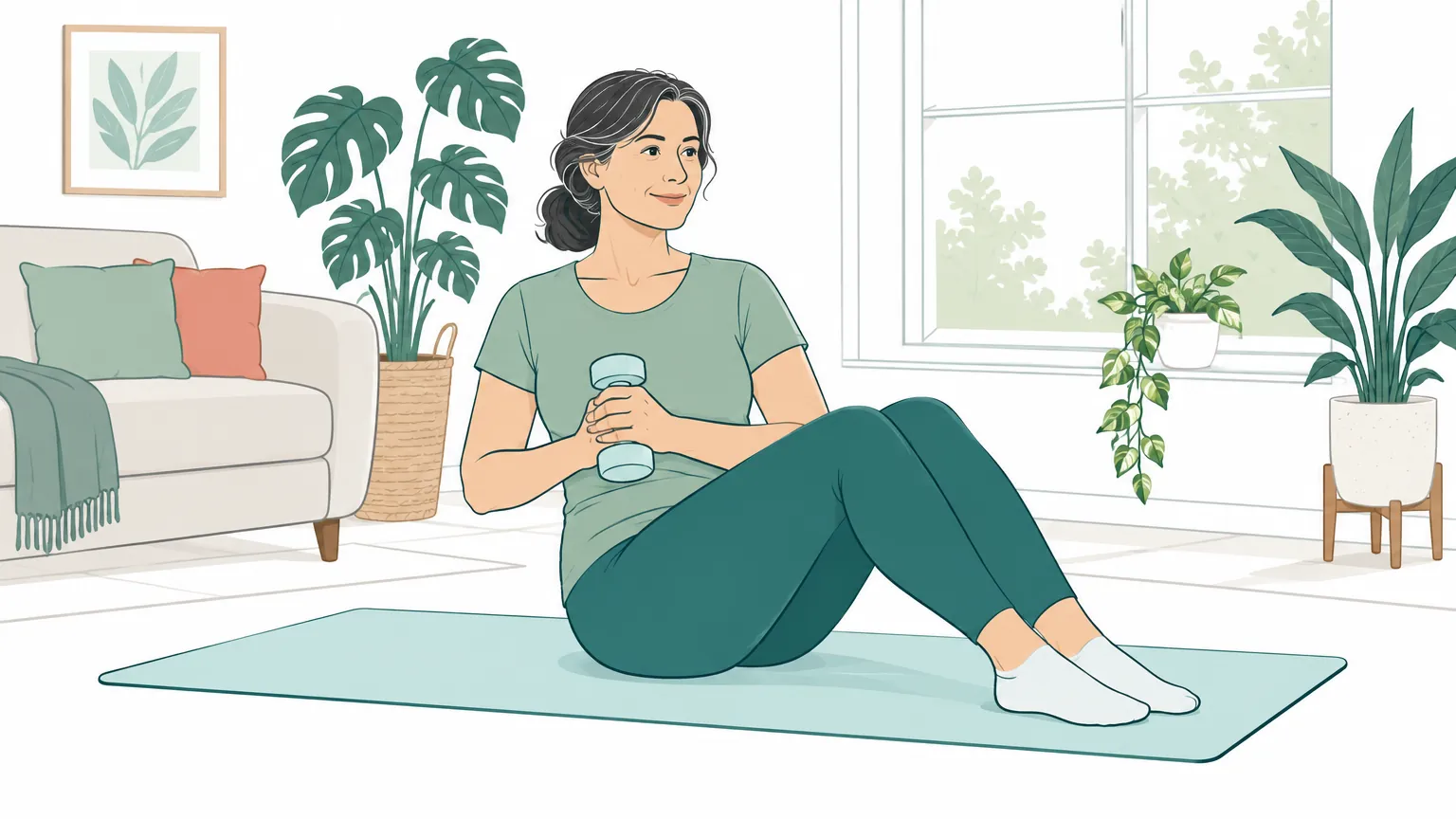 Ilustrație în tonuri calde care prezintă o femeie efectuând un exercițiu blând pentru trunchi și abdomen cu o ganteră ușoară, acasă.