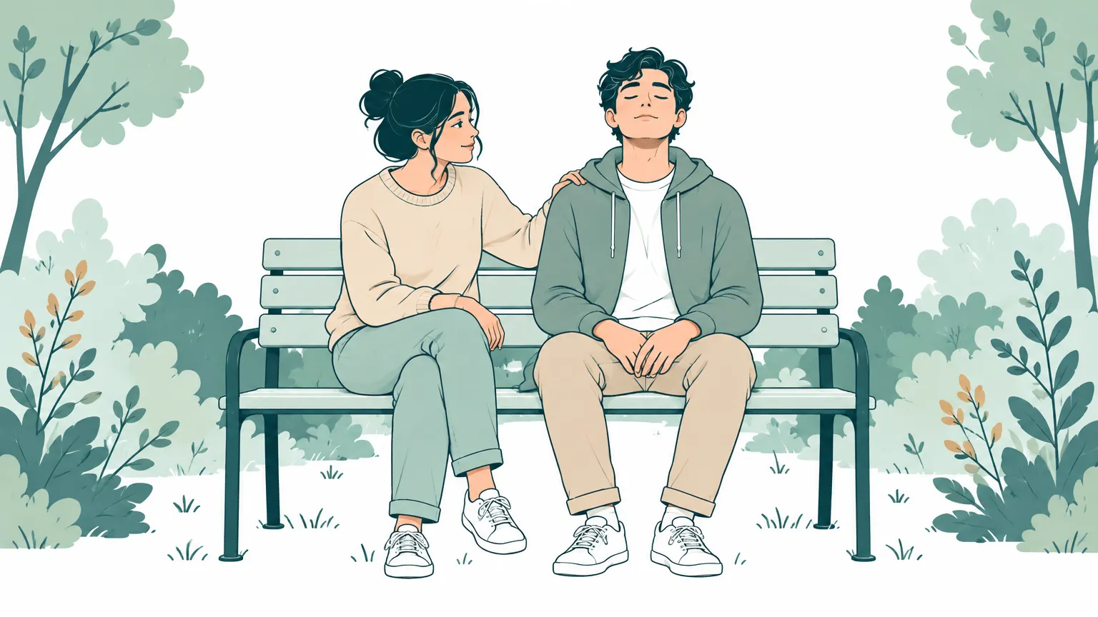 O ilustrație liniștitoare în care o femeie oferă sprijin calm și călduros unui prieten care respiră adânc pe o bancă în parc pentru a-și gestiona anxietatea.