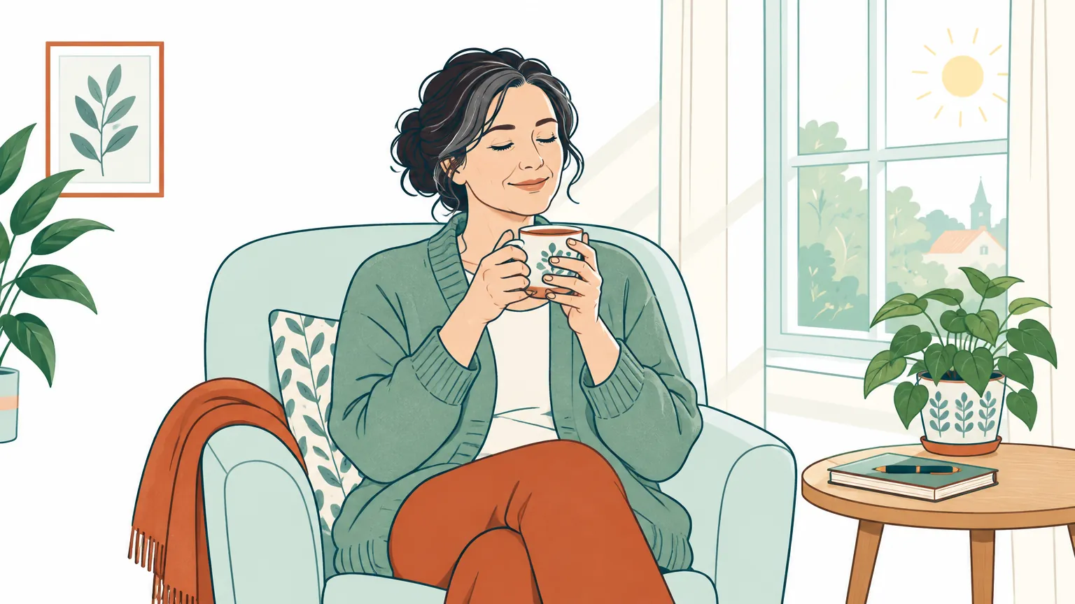 Ilustrație caldă cu o femeie așezată relaxată lângă fereastră, savurând un ceai cald, reprezentând liniștea interioară și grija pentru sănătatea mintală.