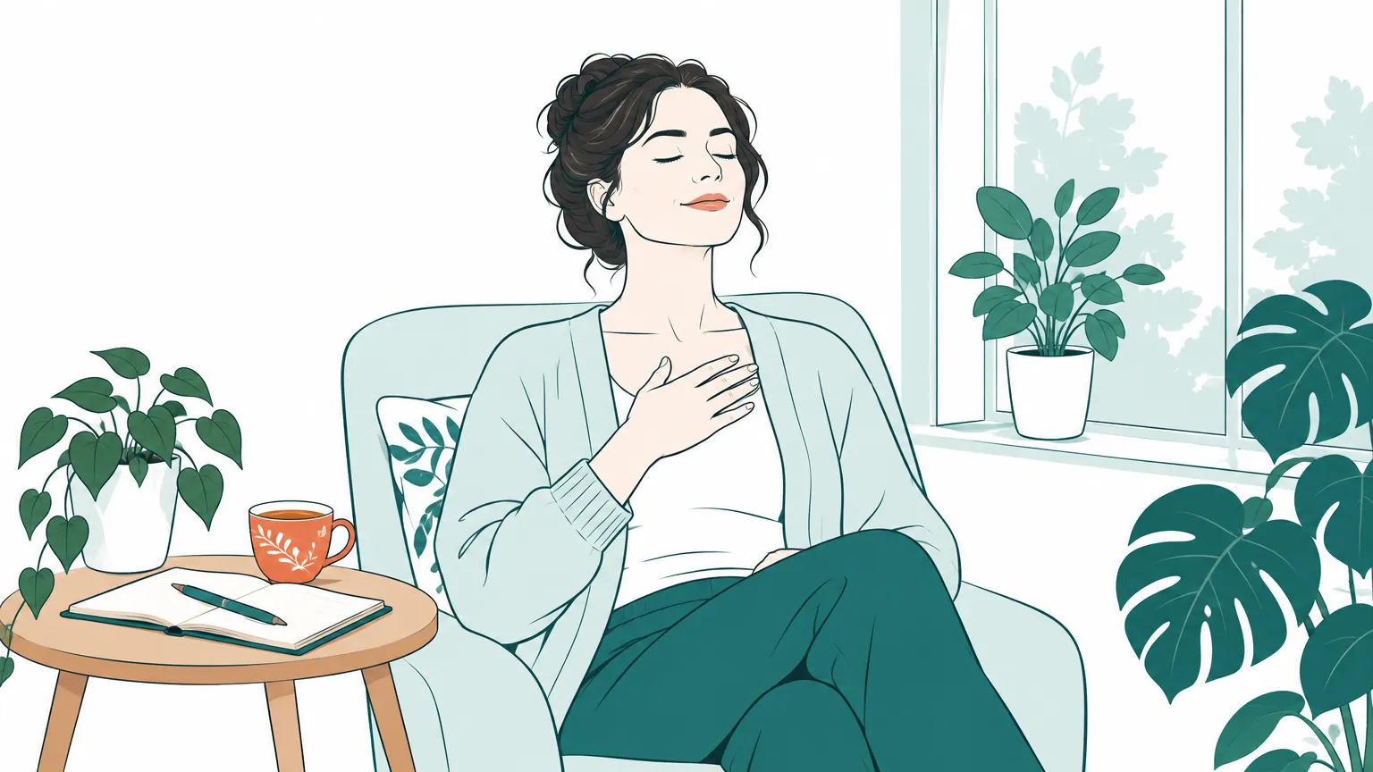 Ilustrație în tonuri calde ce prezintă o femeie care respiră profund și se relaxează la masa de lucru, simbolizând eliberarea calmă a stresului.