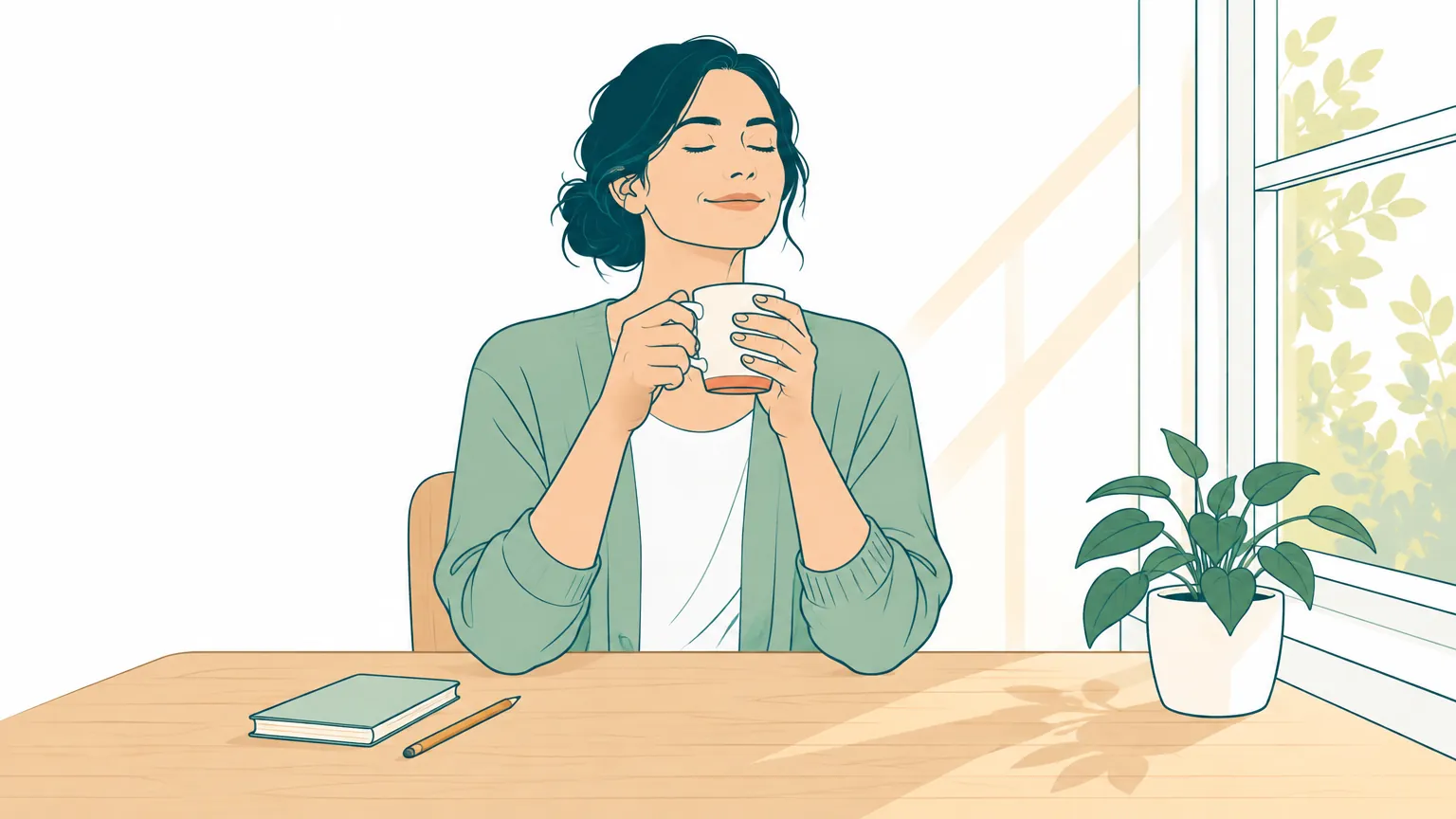 Ilustrație caldă cu o femeie care ia o pauză liniștită la birou lângă o fereastră luminoasă, simbolizând depășirea blocajului și recăpătarea calmului.
