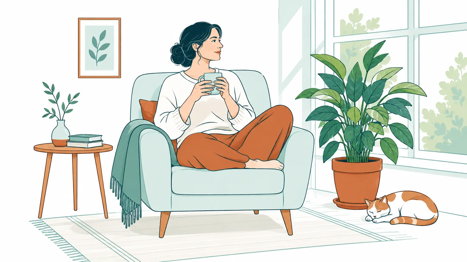Ilustrație caldă cu o femeie așezată liniștită lângă o fereastră luminoasă, simbolizând echilibrul și acceptarea treptată a diagnosticului de scleroză multiplă.