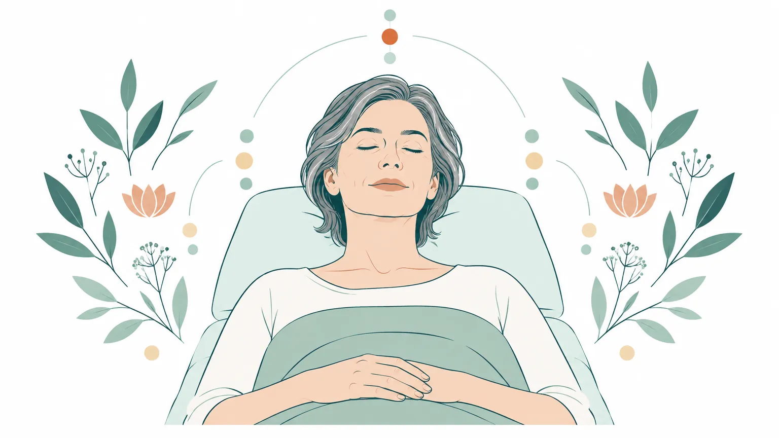 Ilustrație relaxantă reprezentând o femeie de vârstă mijlocie care se odihnește calmă în timpul unei ședințe liniștitoare de terapie complementară.