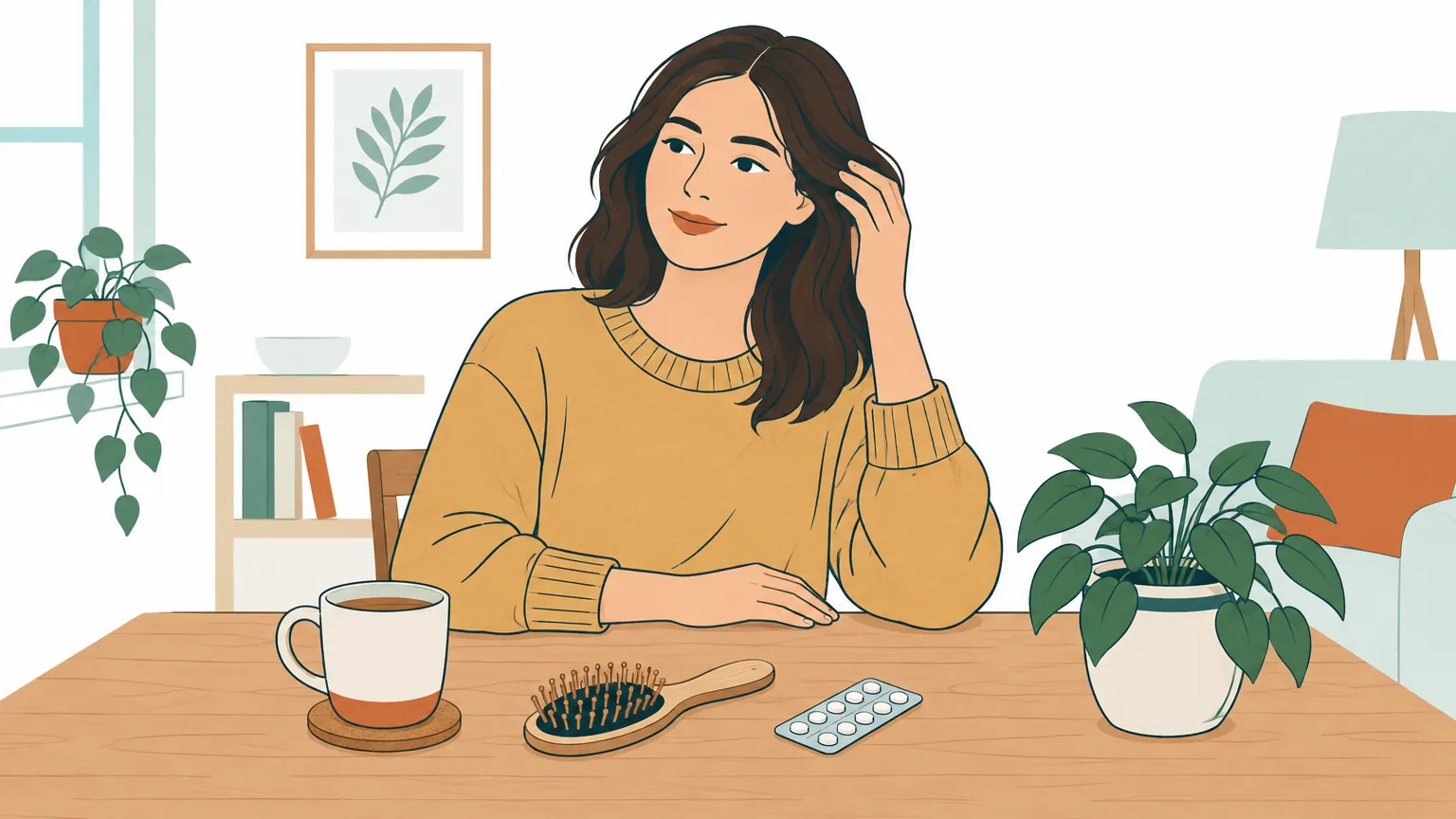 Ilustrație în tonuri calde care prezintă o persoană îngrijindu-și părul cu calm la o masă cu ceai și tratament medical, sugerând echilibrul și sănătatea.