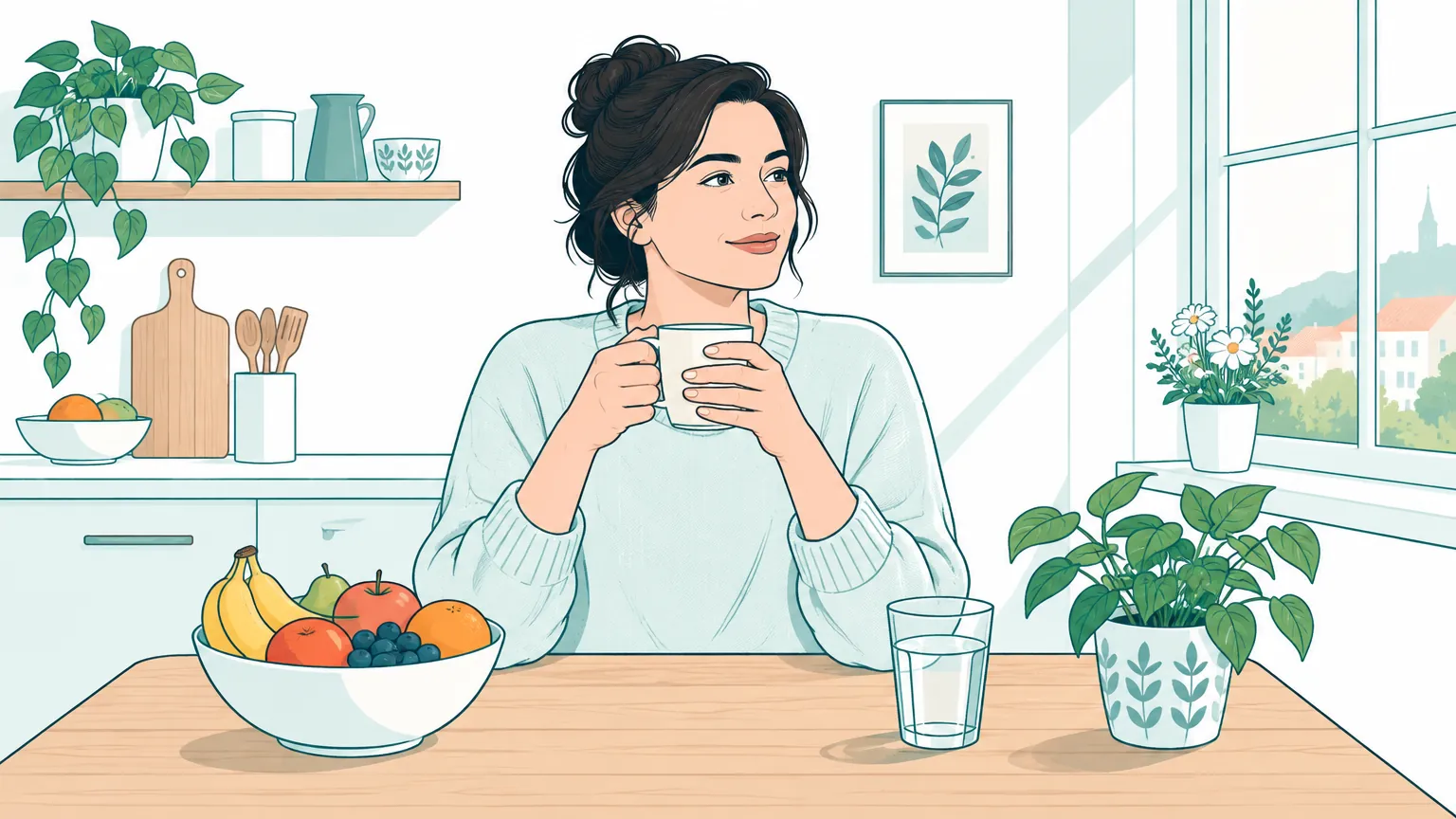 Ilustrație calmă în nuanțe calde cu o femeie așezată la o masă luminoasă, sugerând o abordare sigură și echilibrată a sănătății.