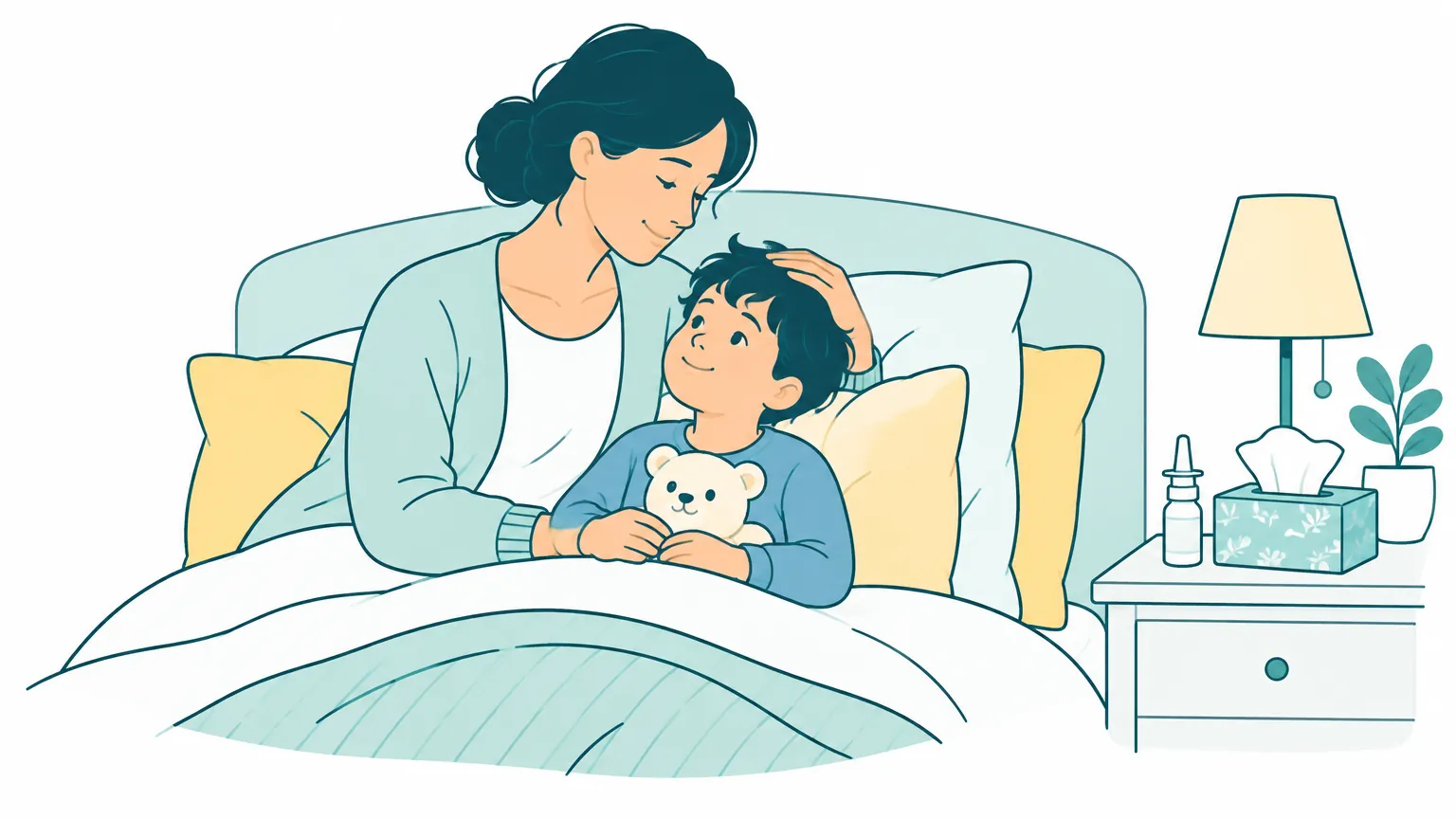 Ilustrație caldă în nuanțe pastelate cu o mamă care își alină copilul odihnit confortabil în pat, alături de un spray nazal pe noptieră.