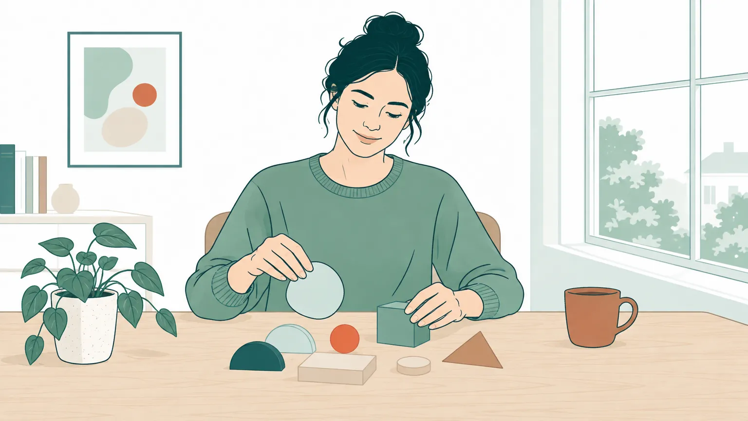 Ilustrație calmă în nuanțe calde cu un adult la un birou luminos, aranjând forme abstracte ce simbolizează claritatea mentală și gestionarea ADHD.