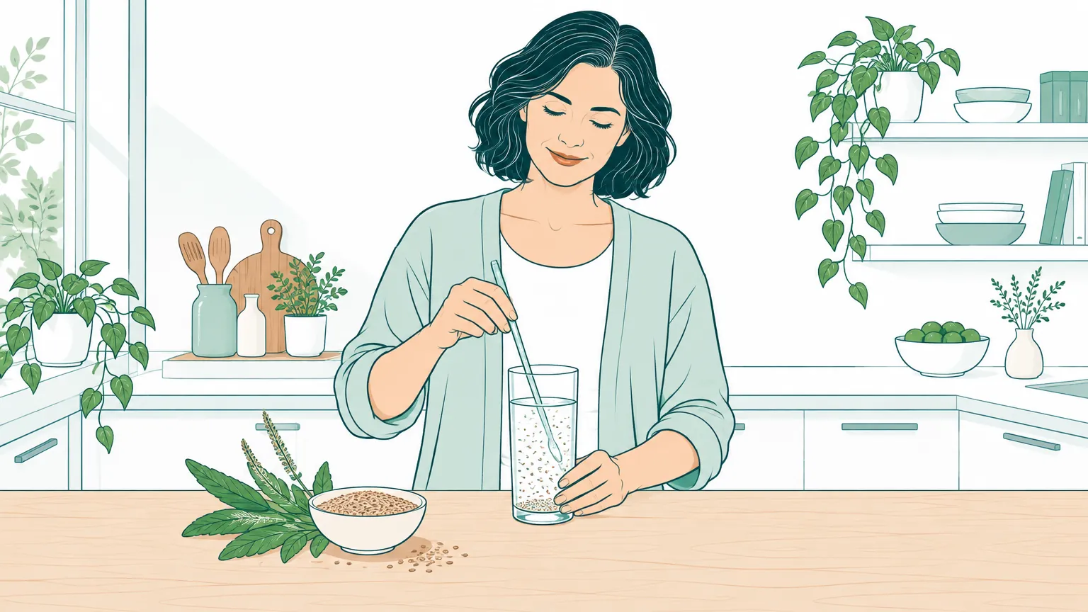 Ilustrație în tonuri calde care prezintă o femeie pregătind tărâțe de psyllium dizolvate într-un pahar mare cu apă într-o bucătărie luminoasă.