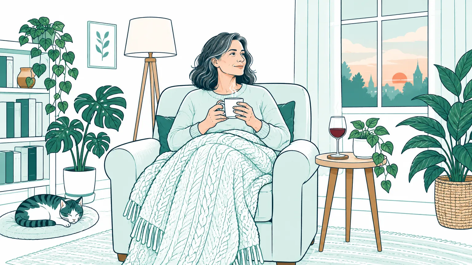 Ilustrație într-o atmosferă caldă cu o femeie care se odihnește într-un fotoliu confortabil, lângă o măsuță cu o cană de ceai cald și un pahar mic de vin, reflectând echilibrul dintre stilul de viață și starea de bine.