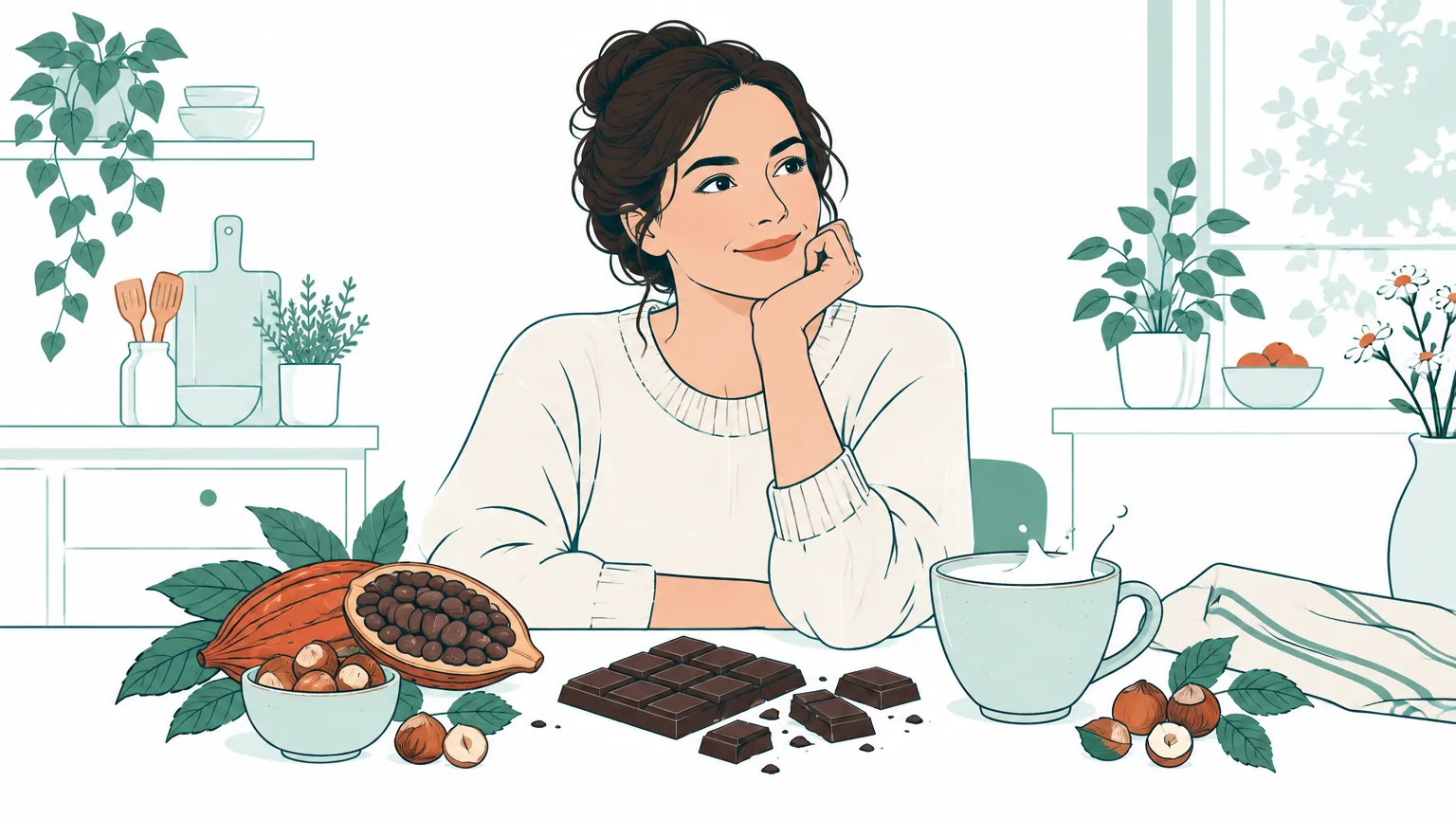 Ilustrație în tonuri calde cu o femeie așezată la masă, privind îngăduitor câteva pătrățele de ciocolată și ingrediente naturale, sugerând atenția la sănătate și alimentație.