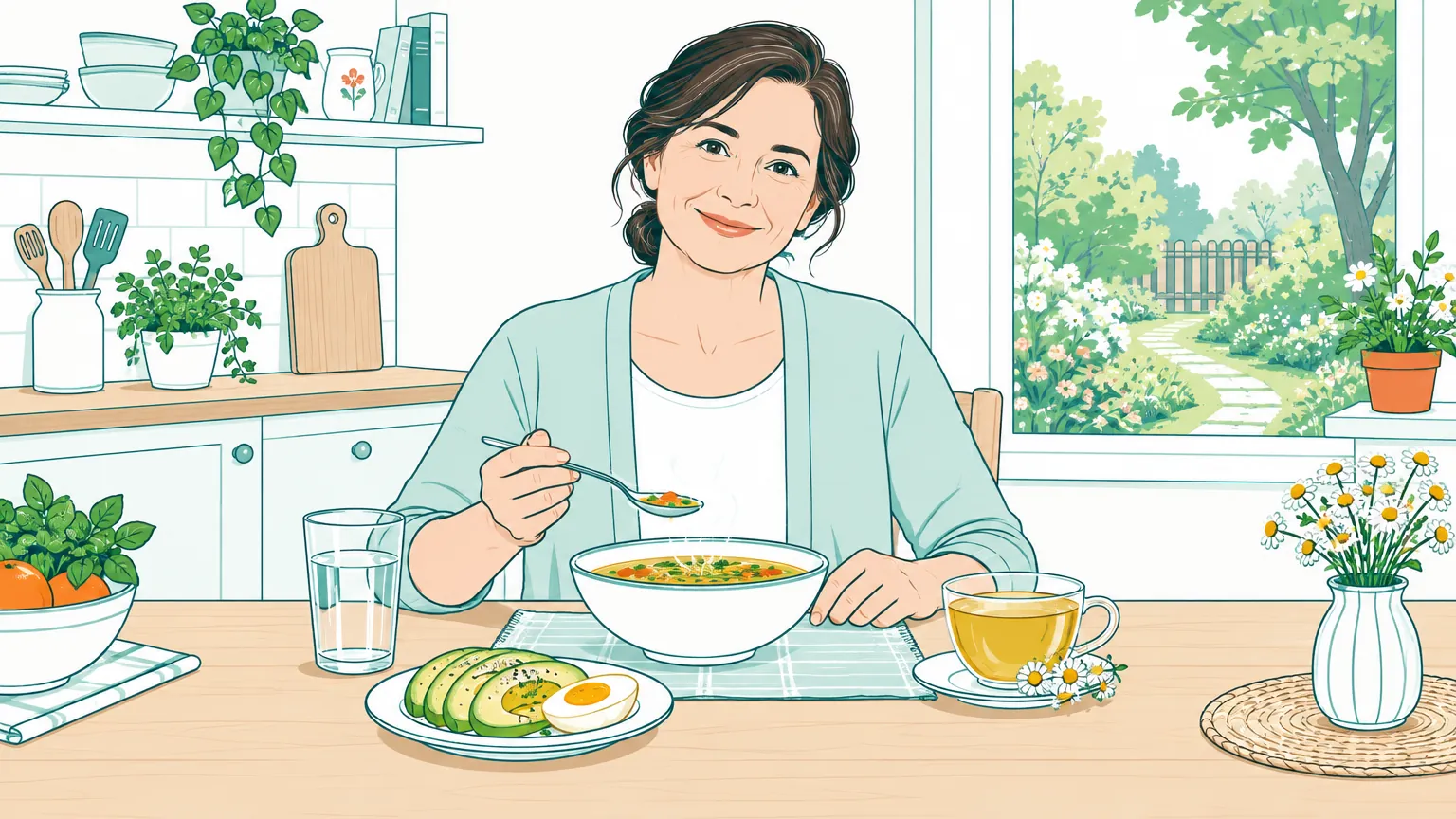 Ilustrație caldă și luminoasă cu o femeie într-o bucătărie primitoare, bucurându-se de o masă sănătoasă și hrănitoare lângă o fereastră deschisă spre natură.