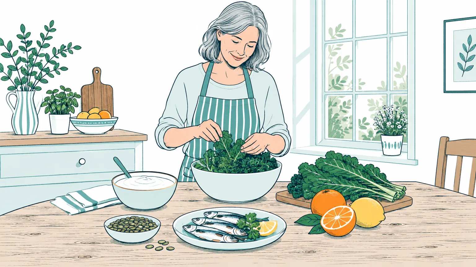 Ilustrație luminoasă cu o femeie pregătind alimente sănătoase, bogate în calciu și nutrienți, pentru menținerea sănătății oaselor.
