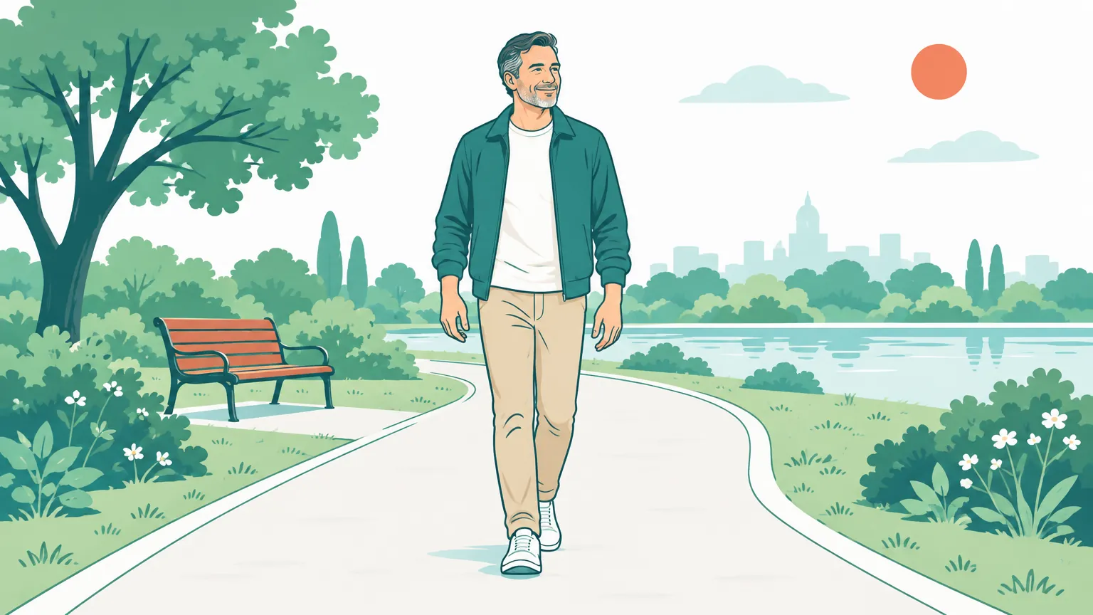 Ilustrație în tonuri calde și luminoase cu un bărbat care merge stabil și fără dureri într-un parc, sugerând recuperarea cu succes după artrodeză.