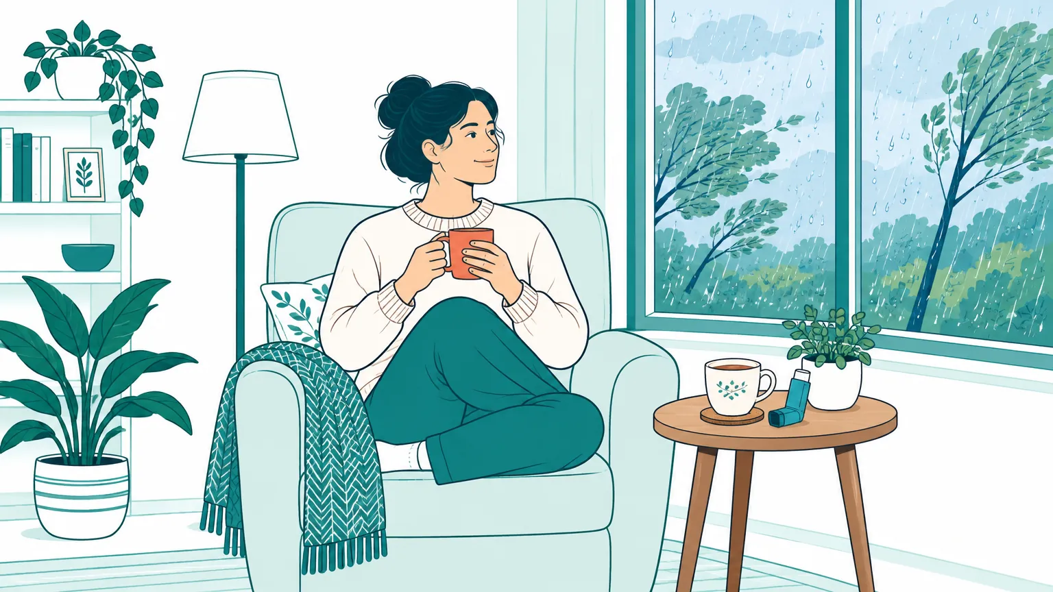 Ilustrație cu o persoană care se odihnește în siguranță în casă, cu fereastra închisă în timpul unei furtuni și un inhalator pregătit pe măsuță.