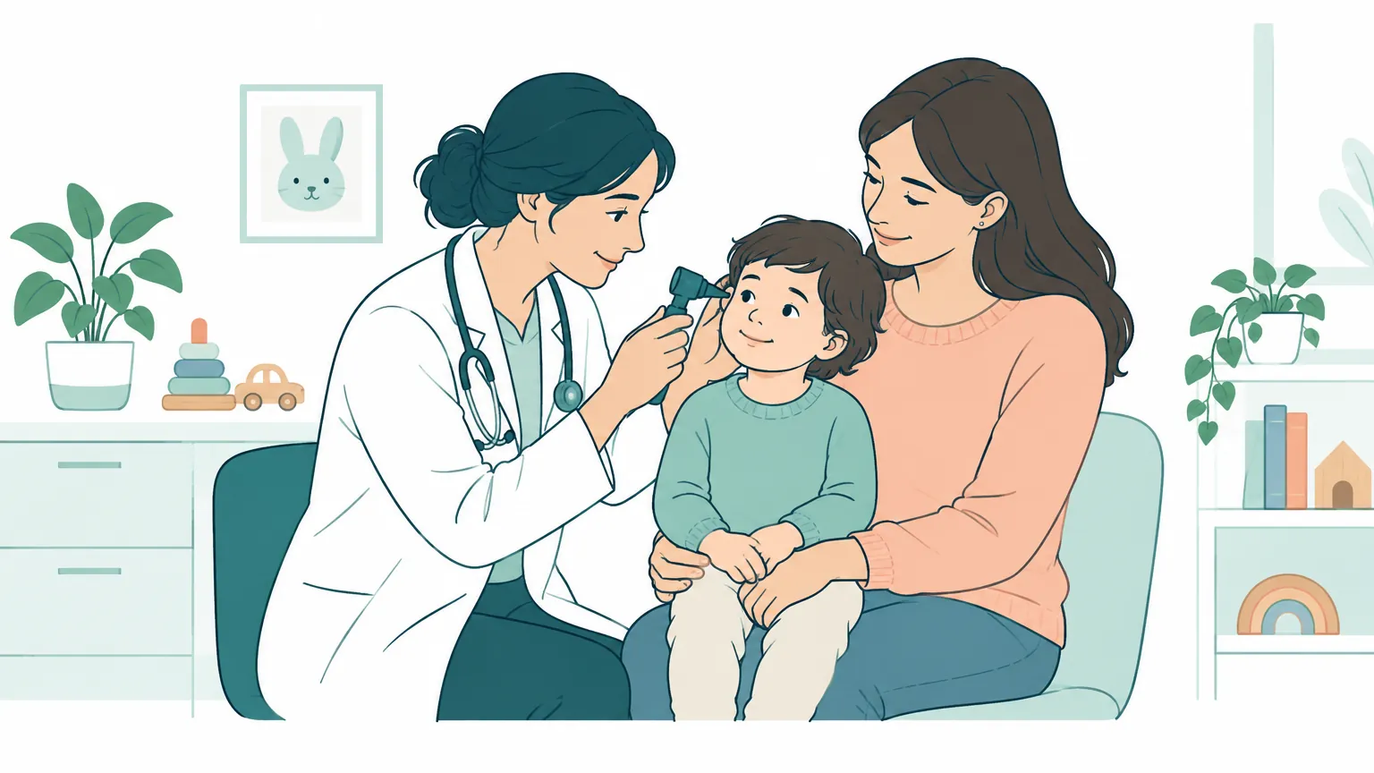 Ilustrație caldă cu o doctoriță pediatru care examinează cu blândețe urechea unui copil așezat liniștit în brațele mamei sale.