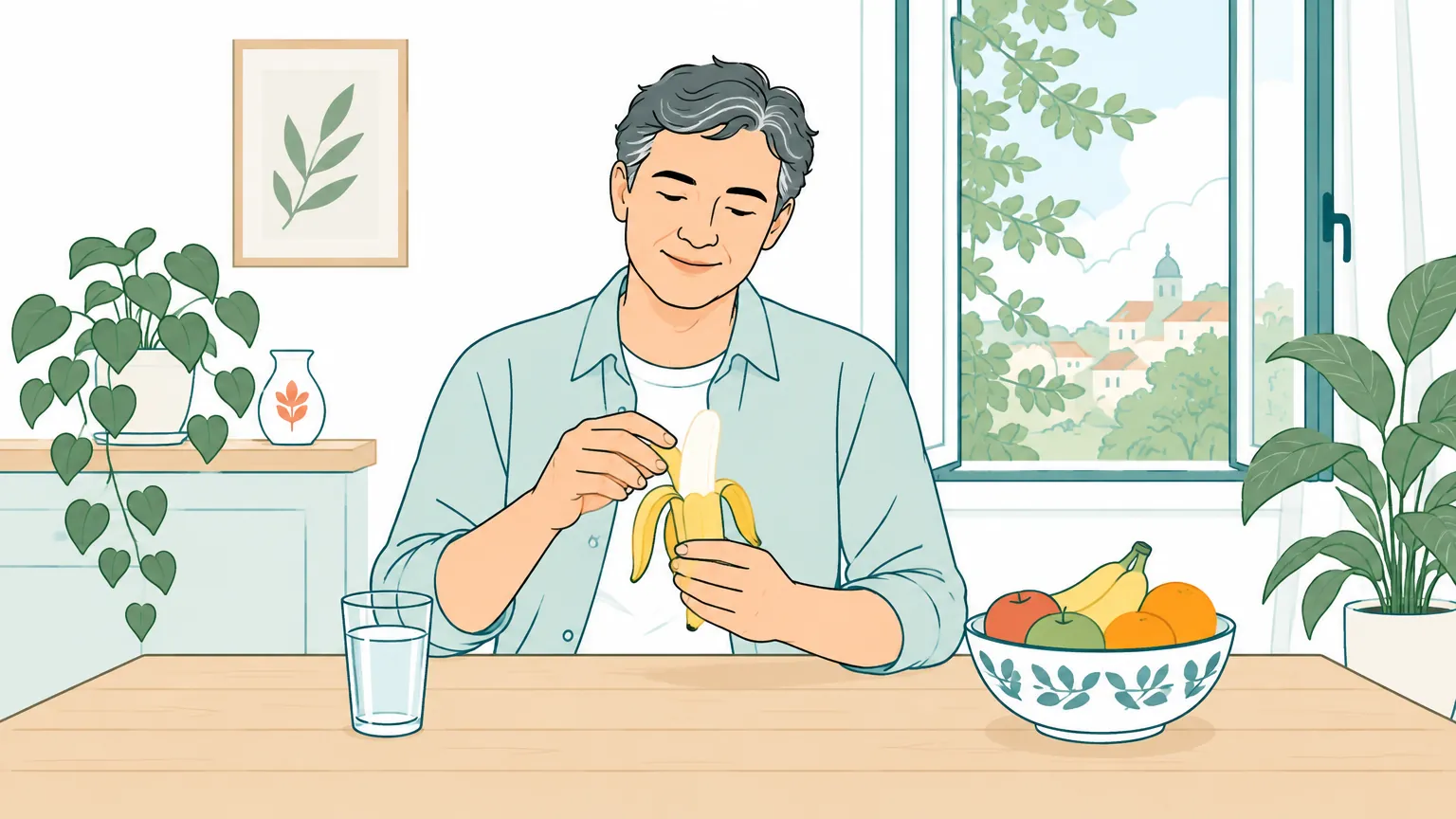Ilustrație într-o atmosferă caldă și luminoasă cu o persoană mâncând o banană proaspătă la masa din bucătărie, sugerând un stil de viață sănătos și echilibrat.