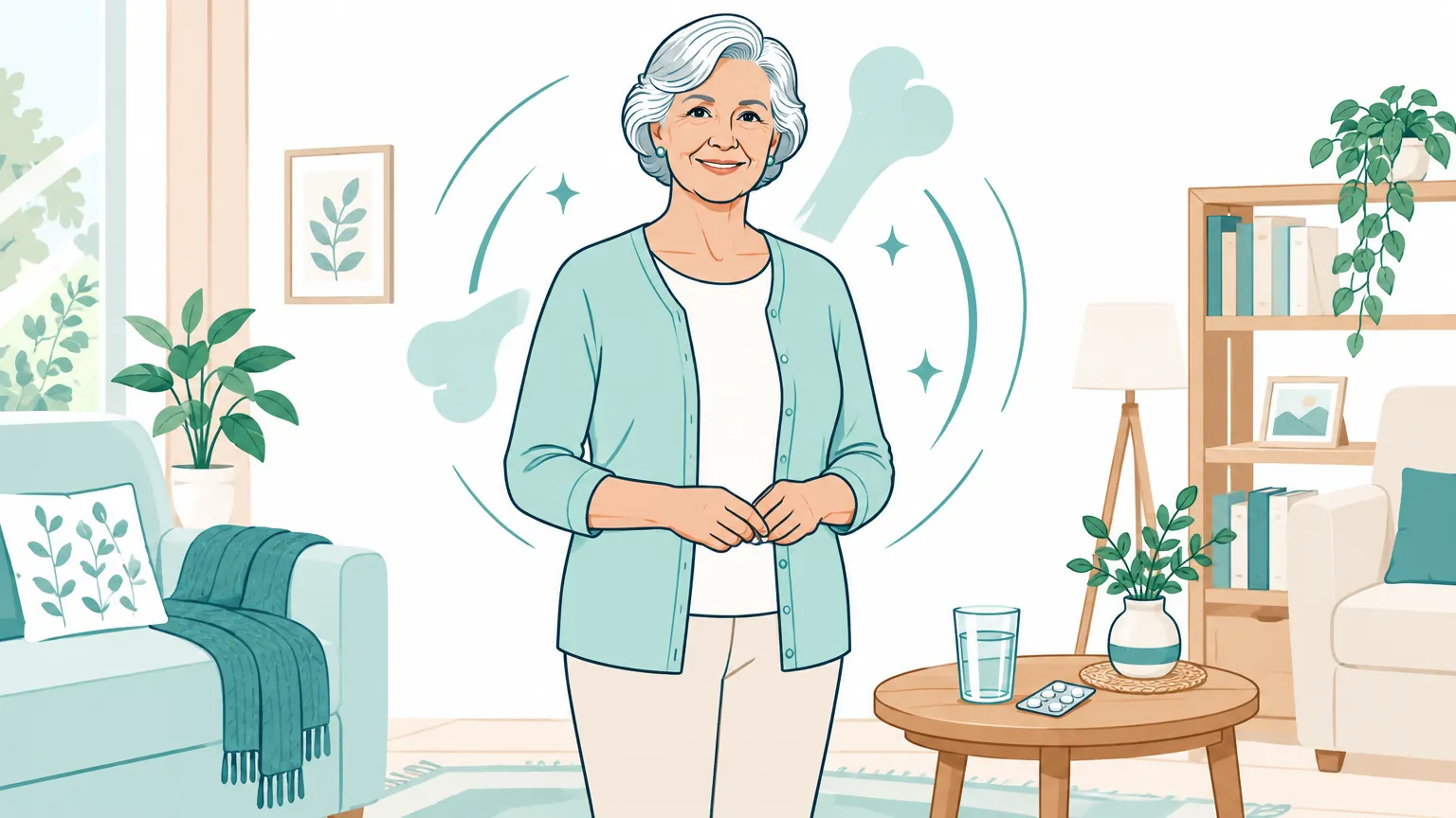 Ilustrație luminoasă și calmă cu o femeie în vârstă zâmbind, sugerând menținerea sănătății și rezistenței oaselor prin tratament adecvat.