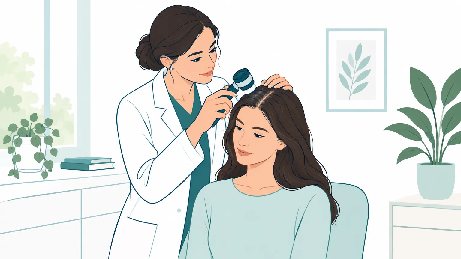 Ilustrație caldă cu un medic dermatolog care examinează cu grijă scalpul unui pacient într-un cabinet modern și liniștitor.