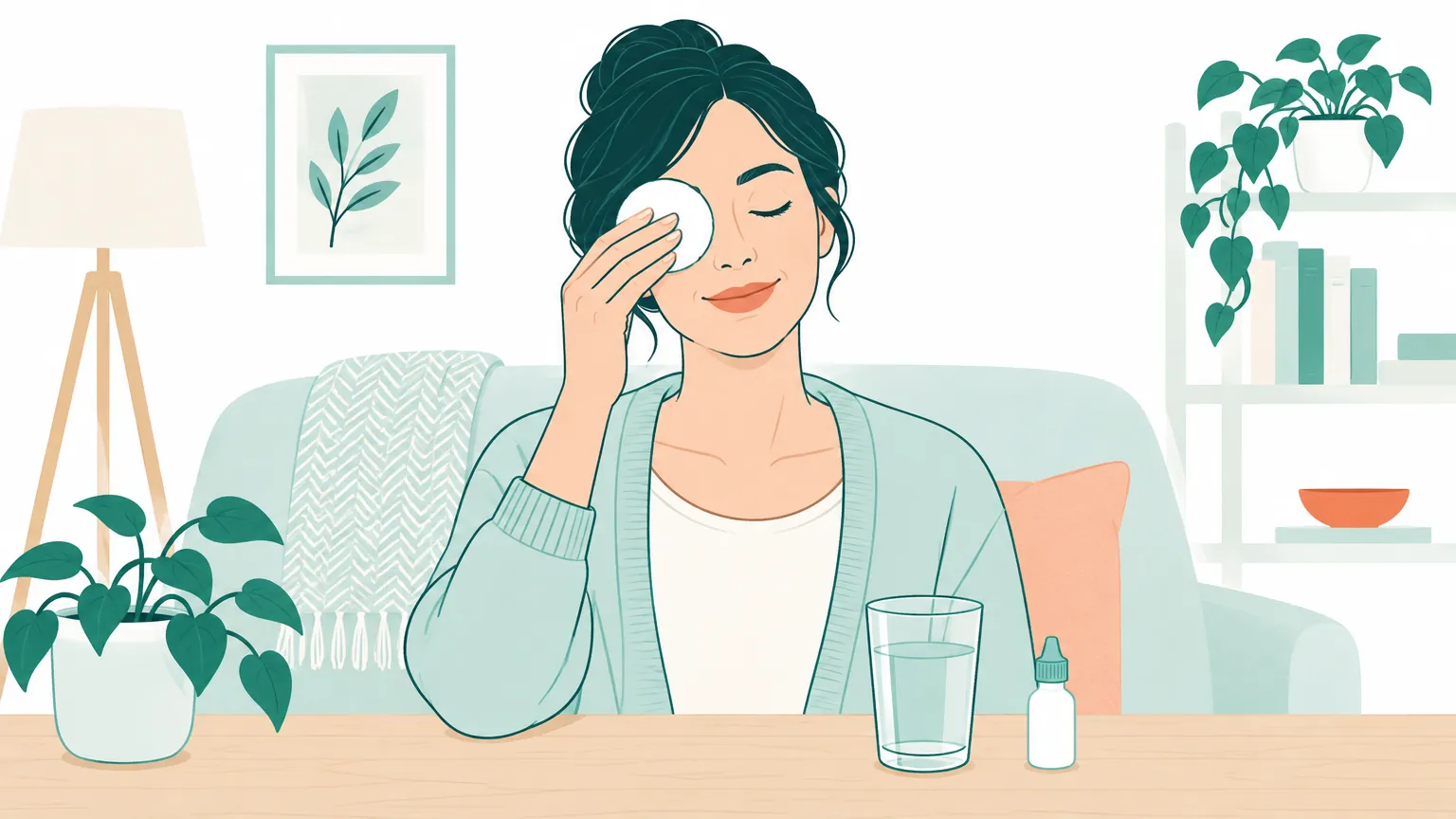 Ilustrație cu o femeie care aplică delicat o compresă călduță pe ochi într-o atmosferă liniștită, simbolizând igiena și îngrijirea pleoapelor.