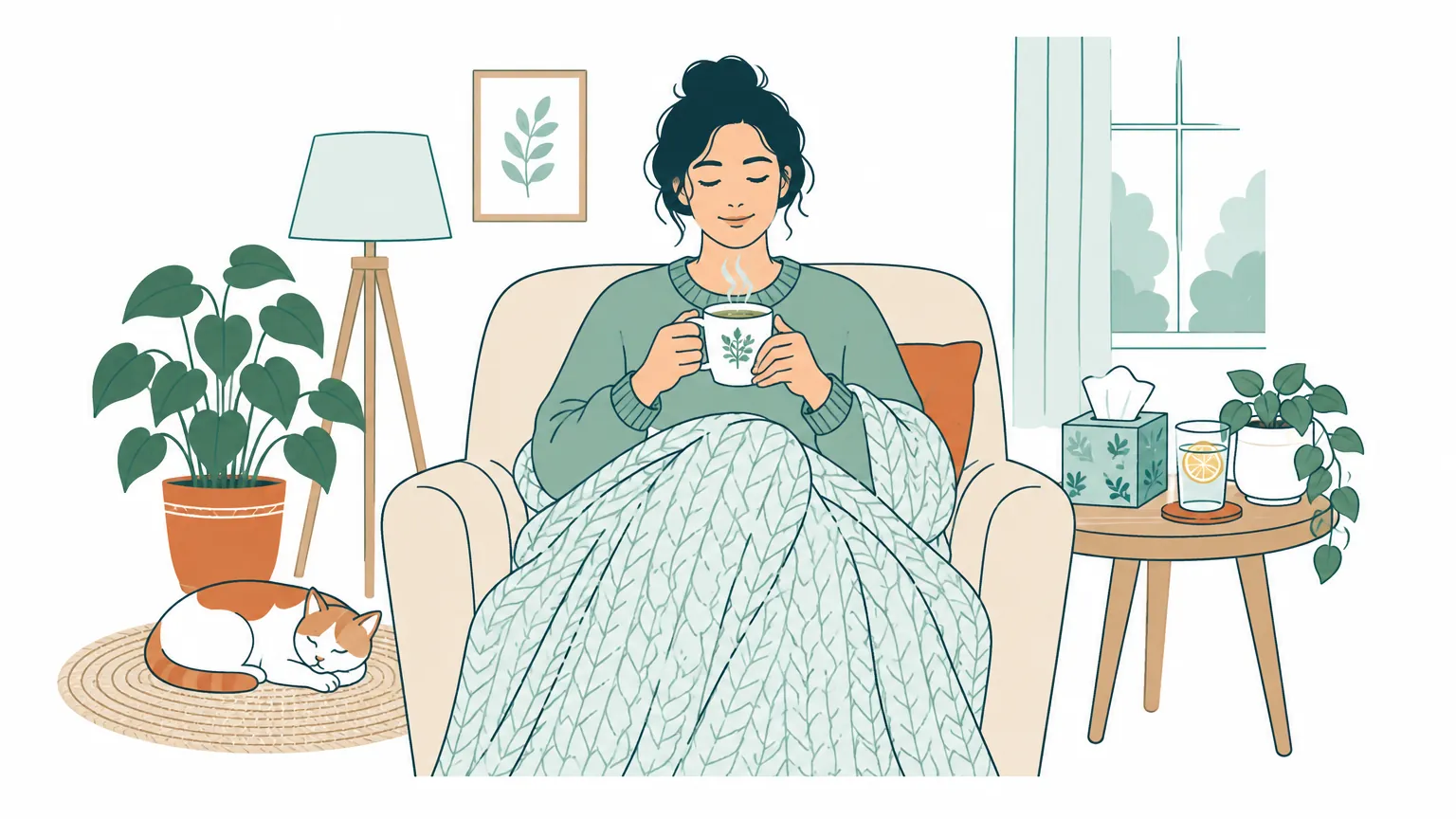 Ilustrație liniștitoare cu o persoană care se odihnește confortabil într-un fotoliu, învelită într-o pătură și ținând o cană de ceai cald, pentru îngrijirea în caz de răceală sau bronșită.
