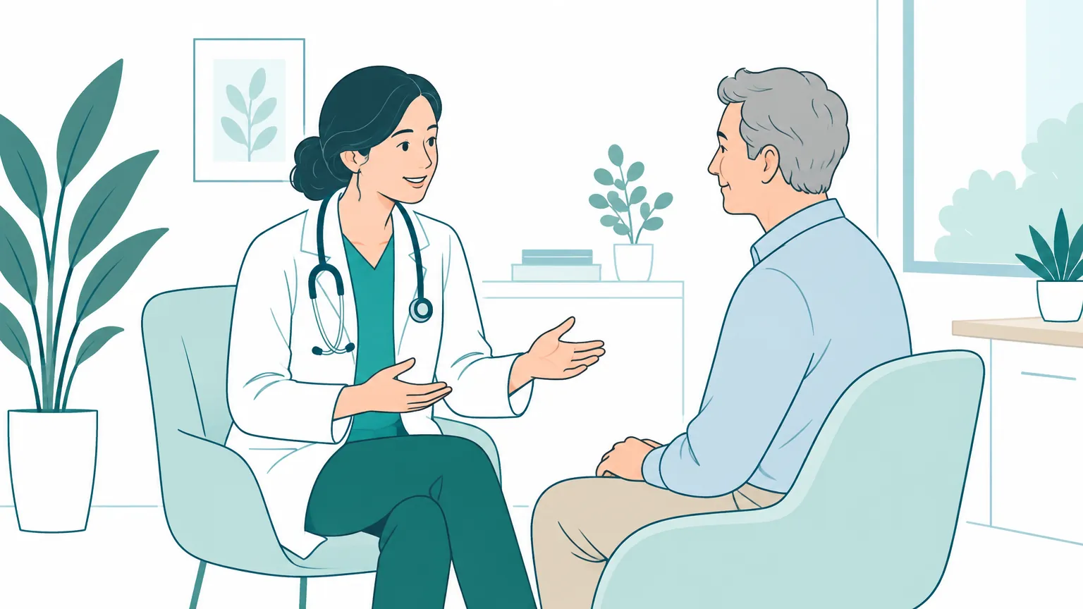 Ilustrație liniștitoare cu un medic care discută calm și empatic cu un pacient adult într-un cabinet medical primitor.