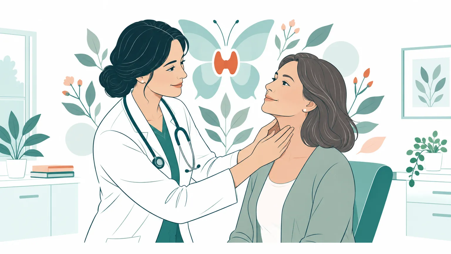 Ilustrație în tonuri calde și liniștitoare cu o consultație endocrinologică empatică pentru verificarea sănătății tiroidei.