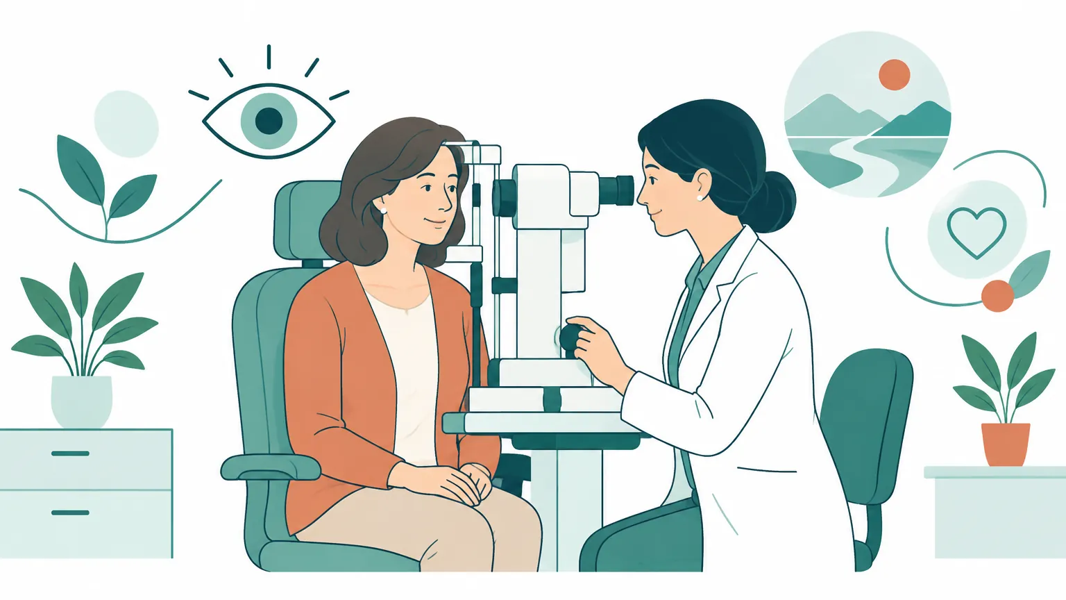 Ilustrație caldă și liniștitoare ce prezintă o consultație oftalmologică de rutină pentru prevenția sănătății ochilor.