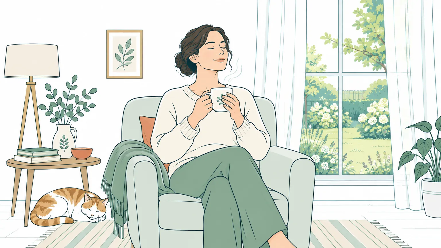 Ilustrație caldă reprezentând o femeie care se relaxează într-un fotoliu confortabil lângă o fereastră însorită, sugerând vindecarea emoțională și regăsirea calmului.