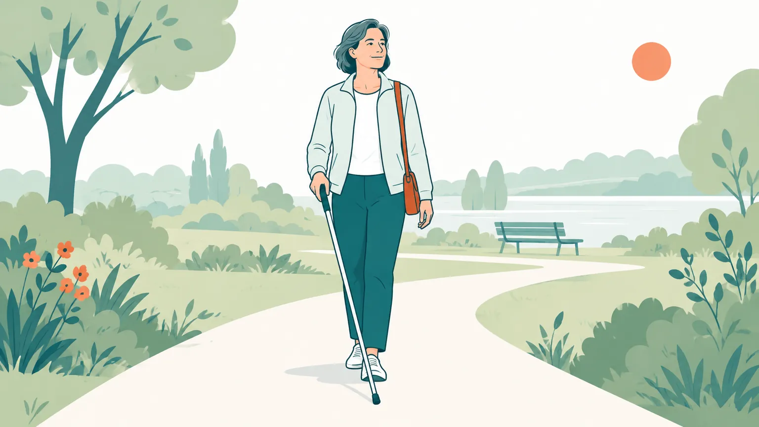 Ilustrație caldă reprezentând o persoană adultă ce folosește un baston alb pe o alee însorită, simbolizând speranța și adaptarea treptată la pierderea vederii.