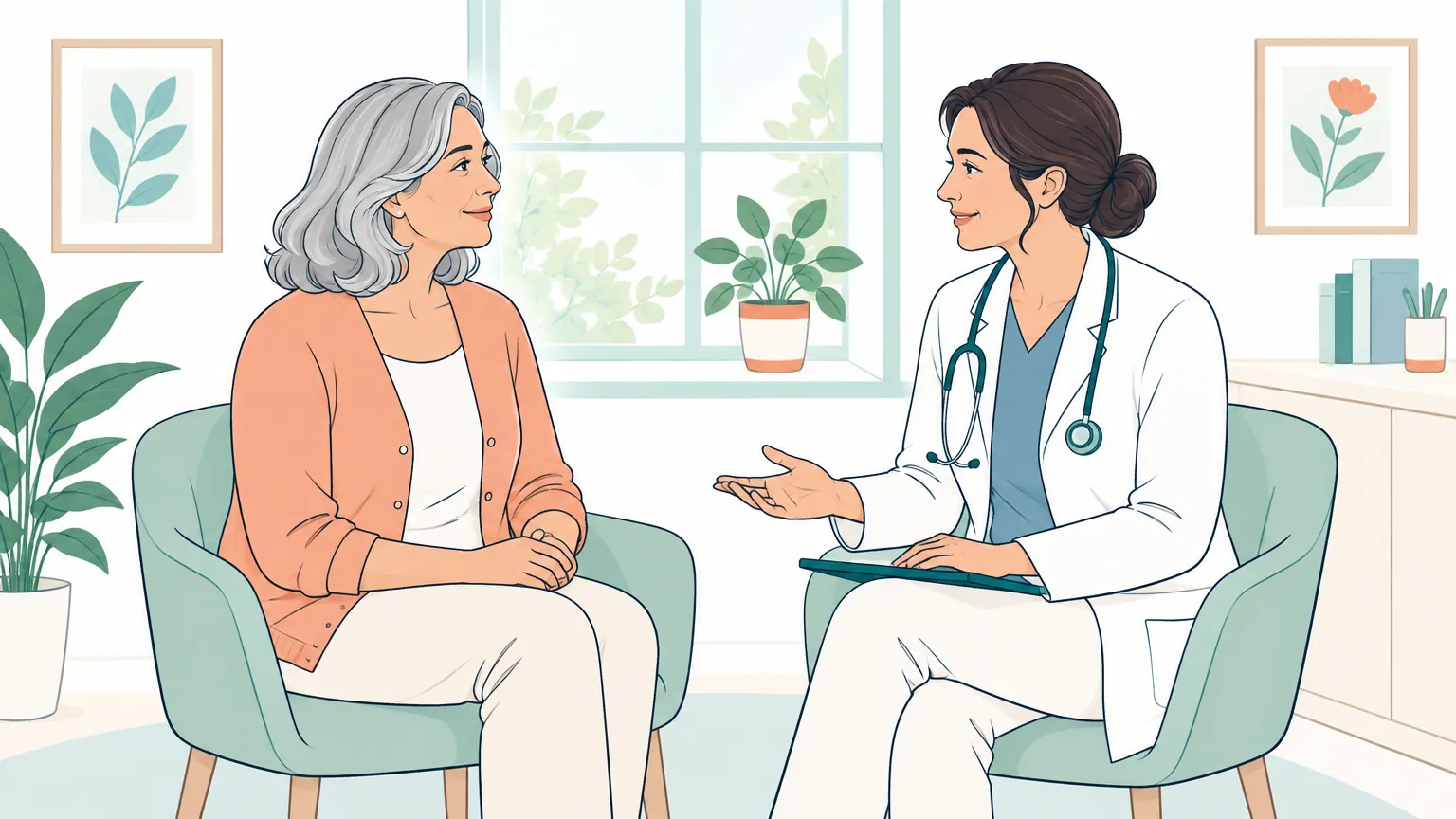 Ilustrație în tonuri calde și liniștitoare reprezentând o femeie matură discutând cu medicul ginecolog în cadrul unui consult de rutină pentru sănătatea feminină.