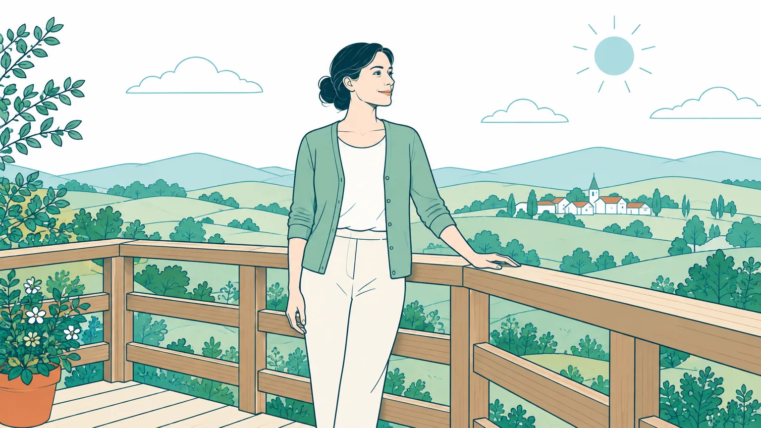 Ilustrație în tonuri calde și liniștitoare ce înfățișează o femeie relaxată privind un peisaj de pe o terasă sigură, sugerând depășirea calmă a fricii de înălțime.