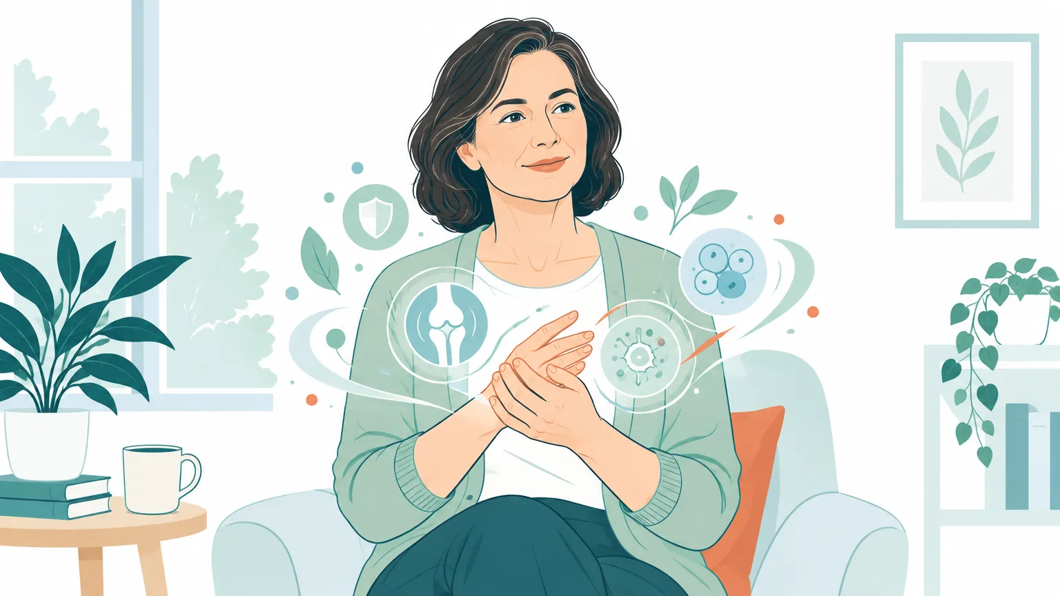 Ilustrație caldă și liniștitoare în tonuri pastelate, înfățișând o femeie care își ține mâinile relaxate, sugerând sănătatea articulațiilor și echilibrul sistemului imunitar în artrita reumatoidă.
