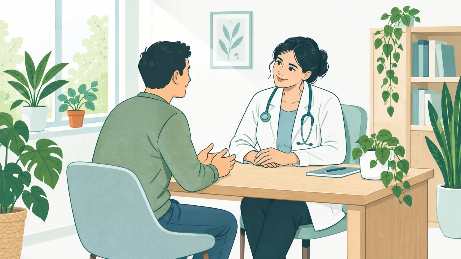 Ilustrație caldă în nuanțe liniștitoare ce înfățișează un pacient adult într-o discuție empatică și încurajatoare cu medicul specialist într-un cabinet luminos.