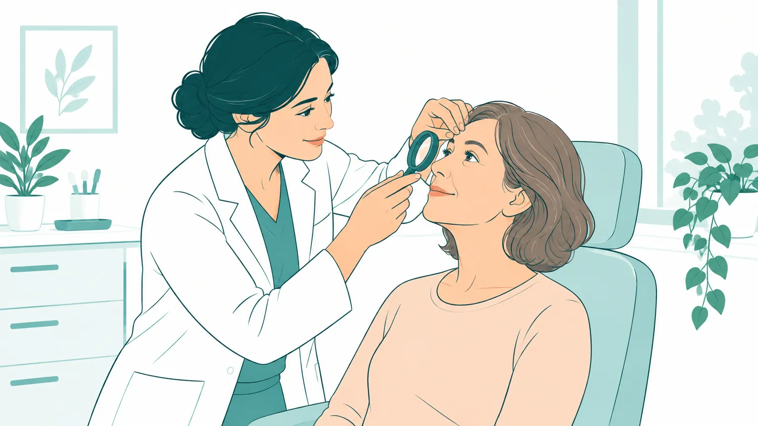 Ilustrație caldă și liniștitoare în care un medic examinează cu atenție zona ochilor unei paciente într-un cabinet luminos.