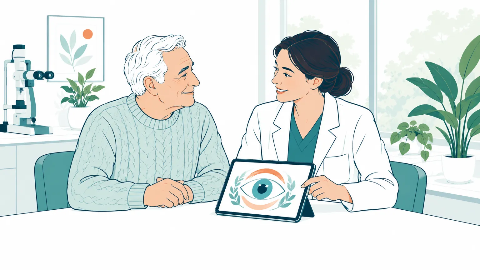 Ilustrație caldă reprezentând o consultație oftalmologică prietenoasă între o doctoriță și un pacient vârstnic, subliniind importanța îngrijirii vederii.