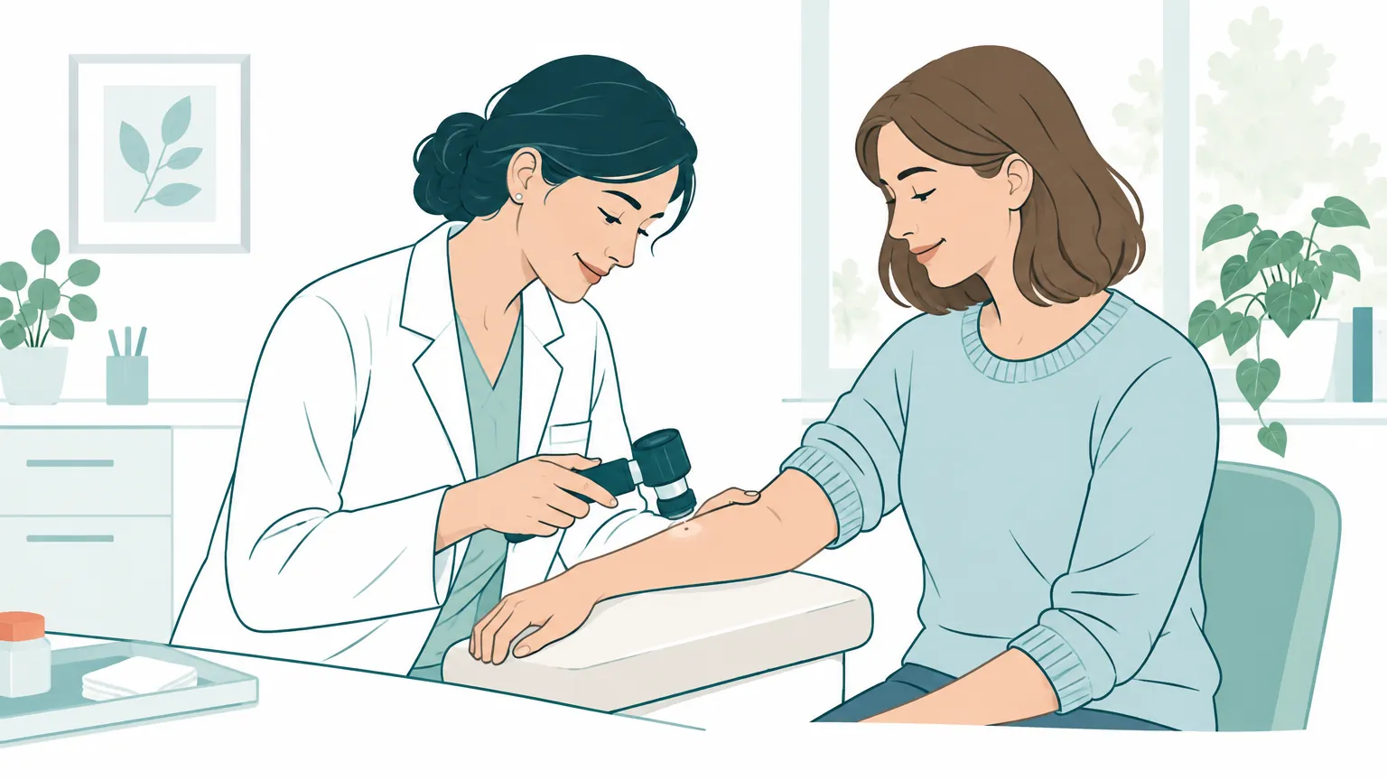 Ilustrație în stil cald cu un medic dermatolog care examinează atent pielea unui pacient într-un cabinet luminos, subliniind importanța controalelor preventive.