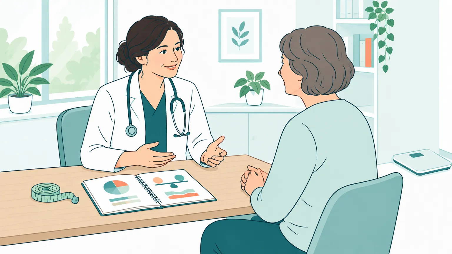 Ilustrație liniștitoare reprezentând o discuție caldă între un medic și un pacient într-un cabinet luminos, cu un cântar și un centimetru pe birou.