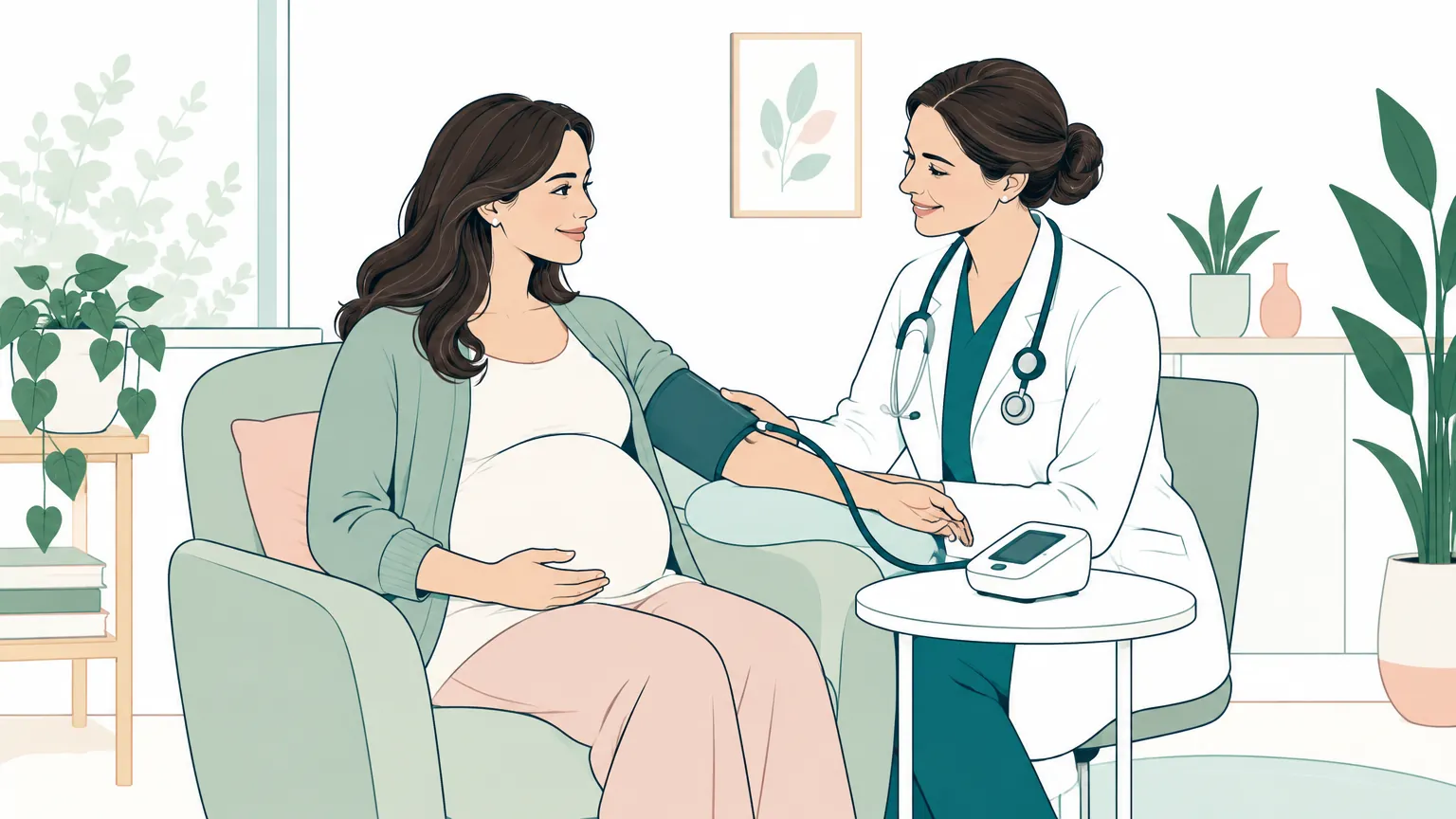 Ilustrație în nuanțe calde în care o doctoriță măsoară cu grijă tensiunea arterială a unei femei însărcinate într-un cabinet medical luminos.