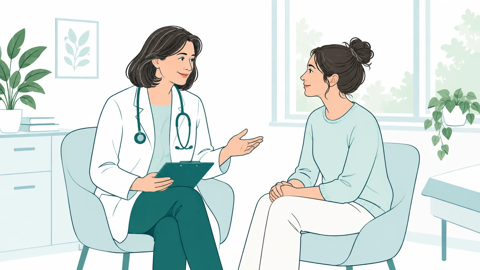 Ilustrație liniștitoare cu o doctoriță care discută cu atenție cu un pacient într-un cabinet luminos, sugerând îngrijire medicală empatică și recuperare.