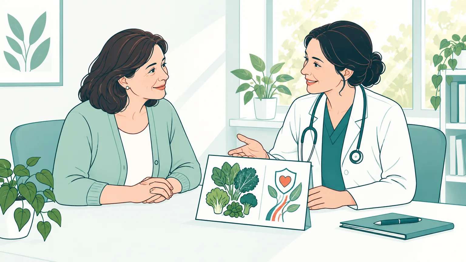 Ilustrație caldă ce prezintă o consultație medicală liniștitoare despre importanța vitaminei K și a alimentației sănătoase pentru coagularea sângelui.