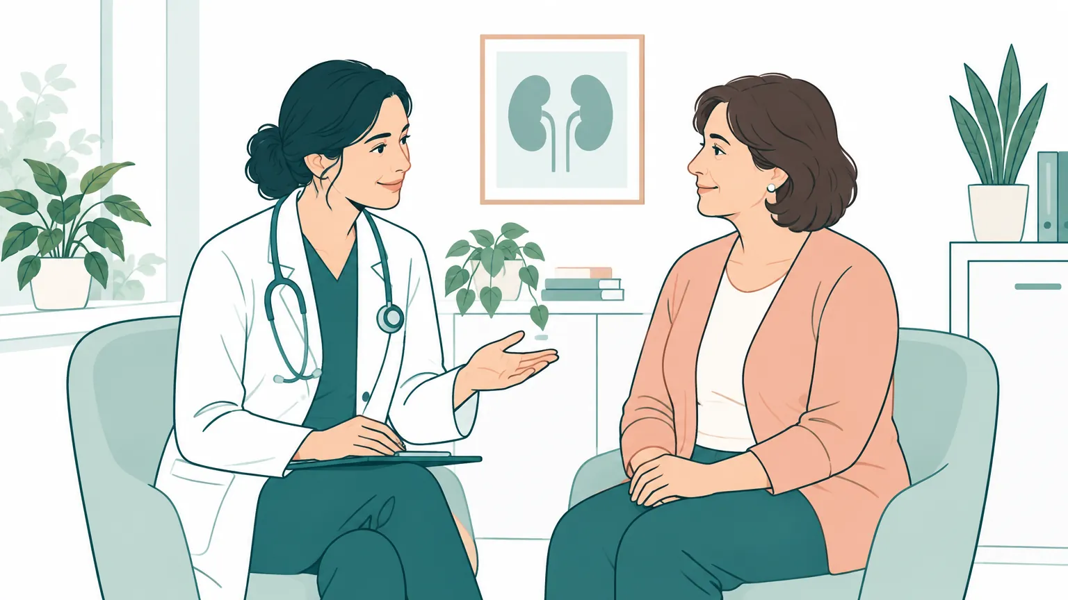 Ilustrație caldă reprezentând o consultație medicală empatică între o doctoriță și o pacientă într-un cabinet luminos, sugerând importanța adresării din timp la medic.