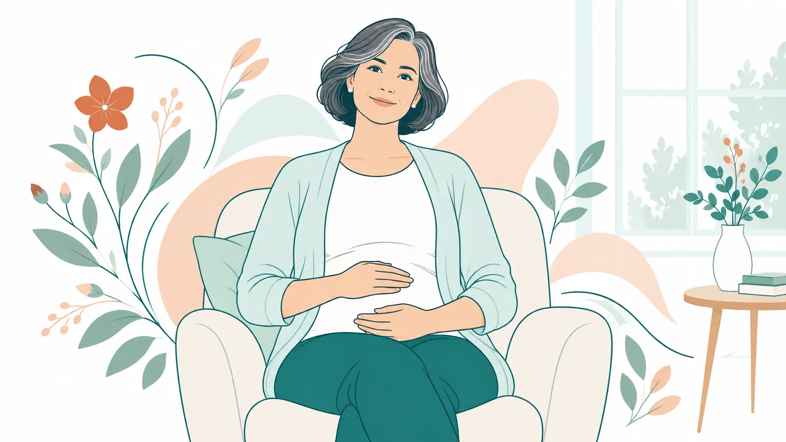 Ilustrație caldă și liniștitoare cu o femeie așezată confortabil, ținând mâna pe abdomen, simbolizând vindecarea și adaptarea firească a corpului după o histerectomie.