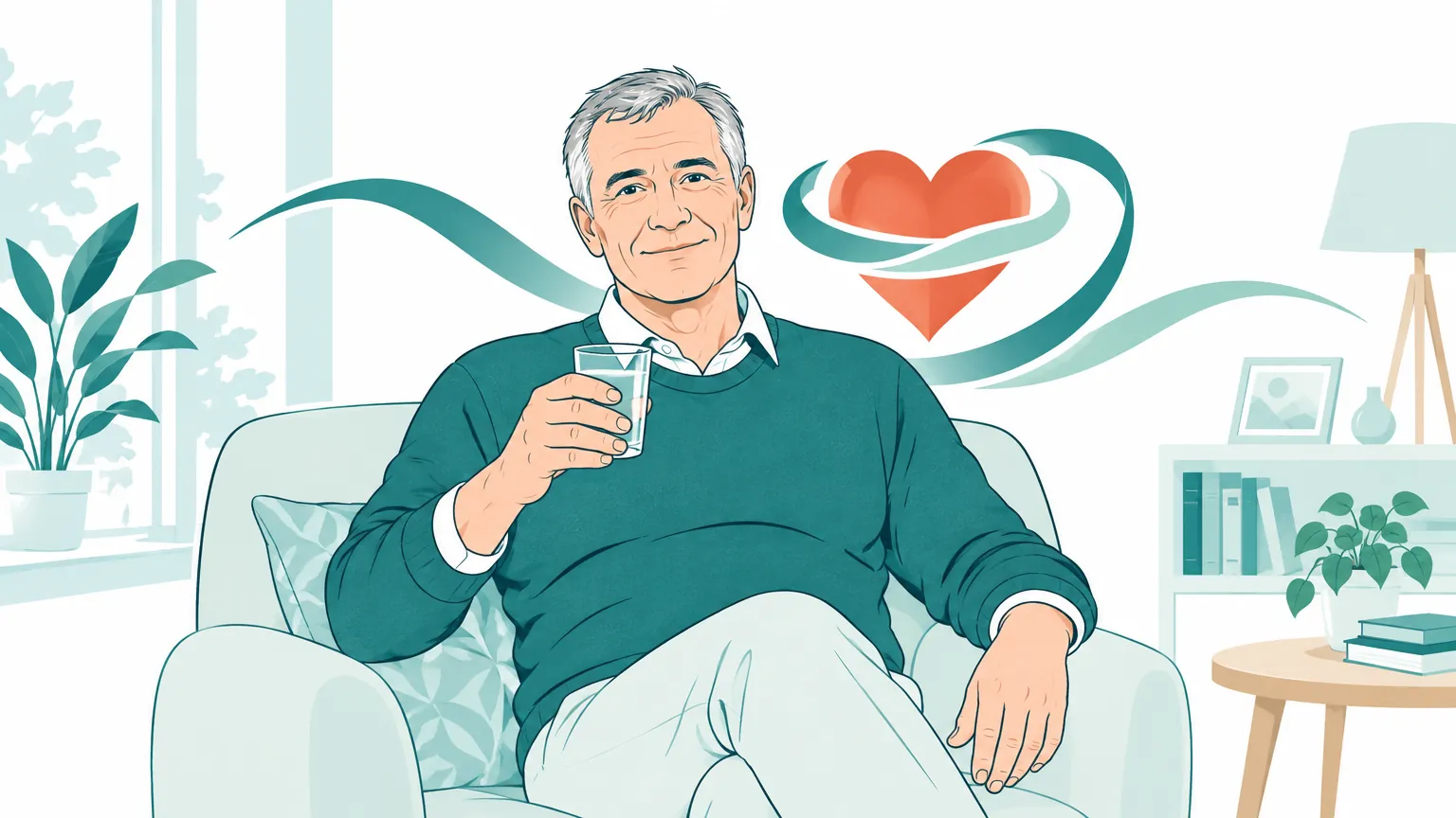 Ilustrație caldă reprezentând un bărbat matur relaxat într-un cadru luminos, alături de un motiv grafic stilizat al unei inimi protejate și al circulației sanguine optime.