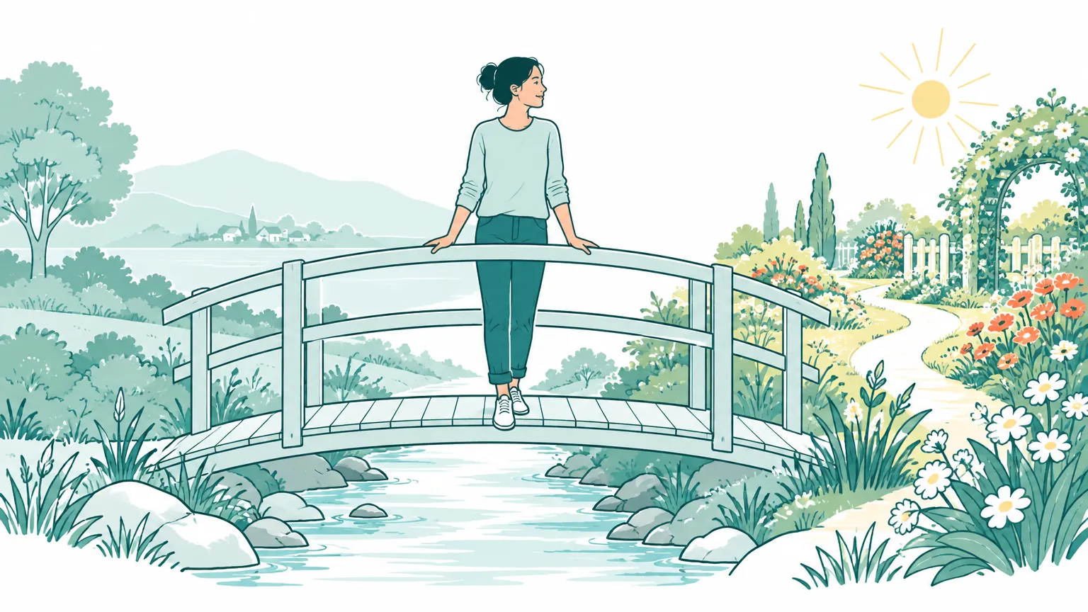Ilustrație senină în nuanțe calde cu o femeie pe un pod de lemn ce trece spre o grădină însorită, simbolizând o etapă de tranziție psihologică și adaptare.