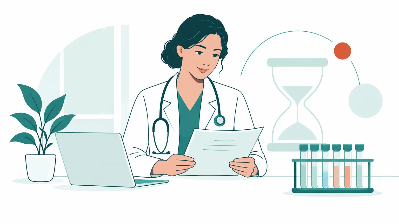 Ilustrație în culori calde și liniștitoare care prezintă un cadru medical la birou, evaluând rezultatele unor teste de sânge într-un cadru de laborator modern.